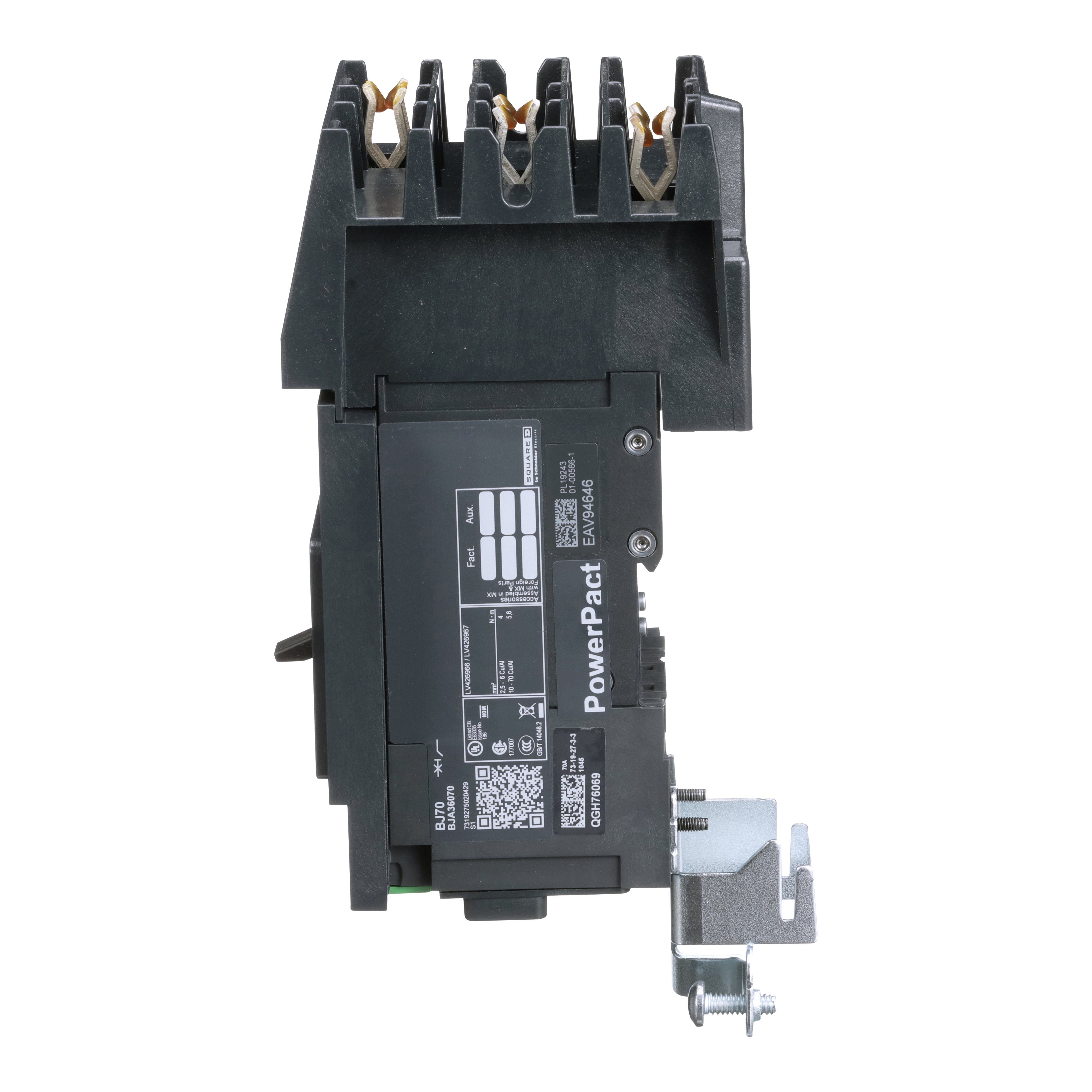 Picture of BJA36070 - Circuit breaker, PowerPacT B, 70A, 3 pole, 600Y/347VAC, 25kA, I-Line, thermal magnetic, 80%, ABC