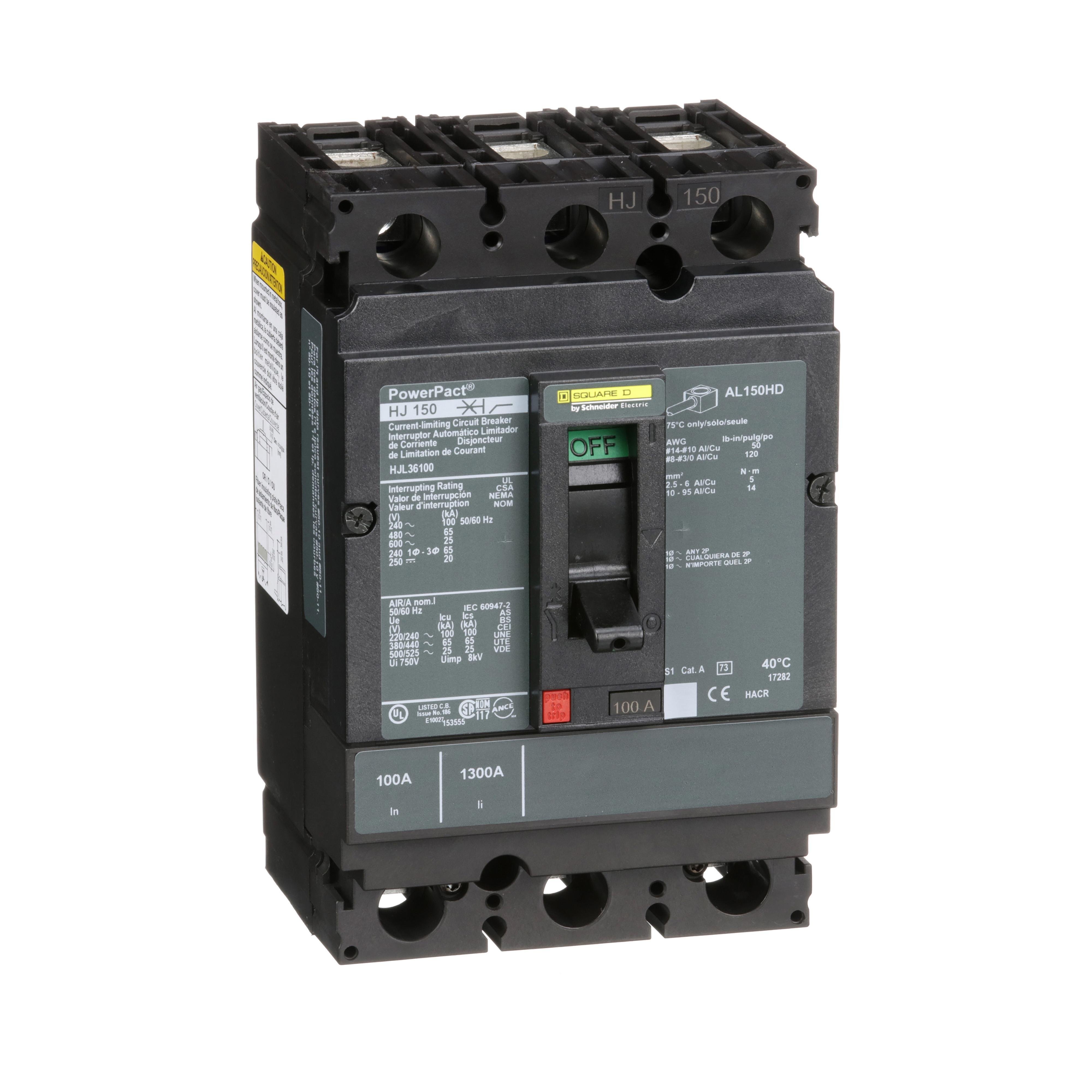 HJL36100 - Circuit breaker, PowerPacT H, 100A, 3 pole, 600VAC, 25kA, lugs, thermal magnetic, 80%