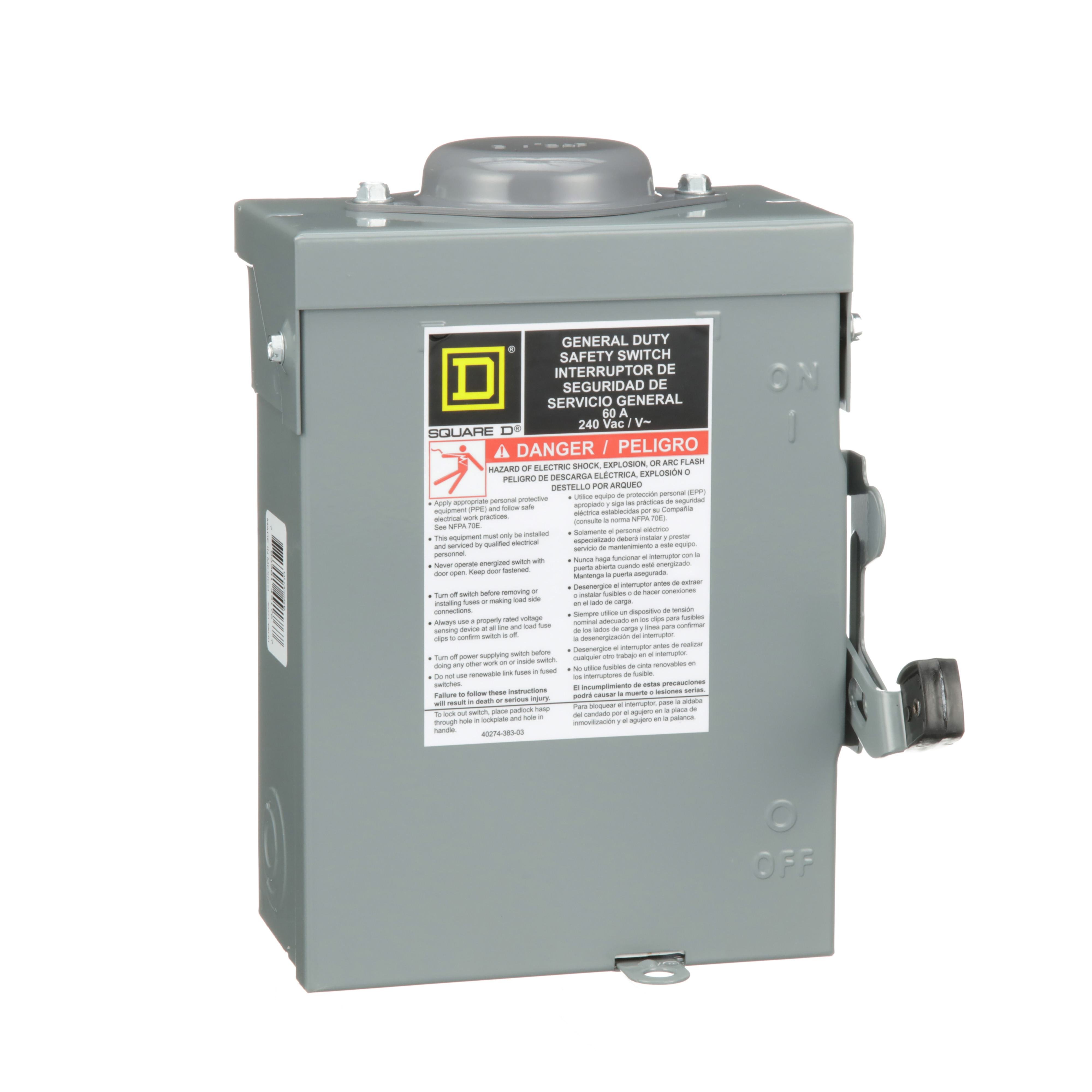 DU322RB - Safety switch, general duty, non fusible, 60A, 3 pole, 3 wire, 15hp, 240VAC, NEMA 3R, bolt on hub provision