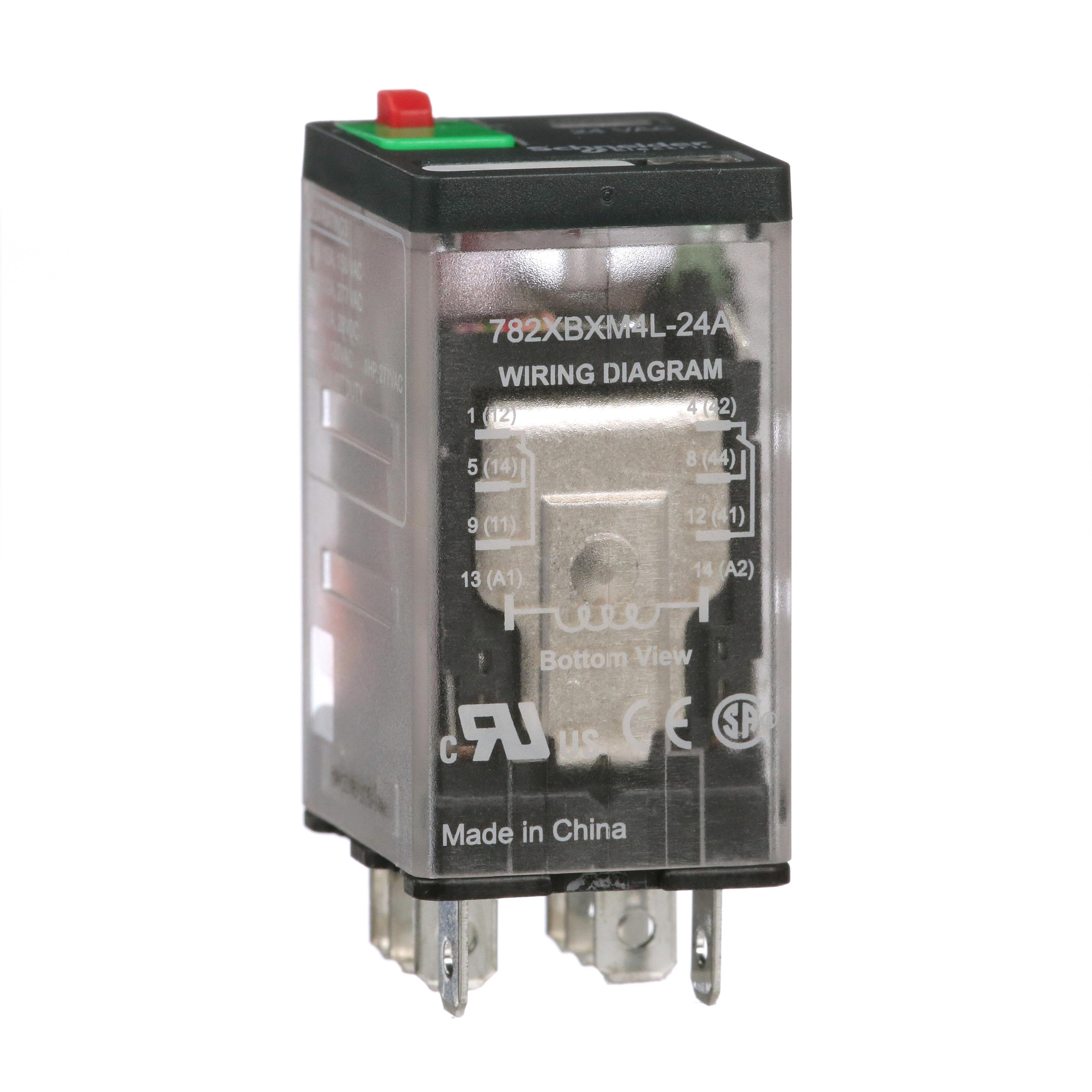 Picture of 782XBXM4L-24A - Power Relay, General Purpose Relays, DPDT, LED clear cover, lock push button, faston terminals, 15A, 12V DC, 2NO + 2NC