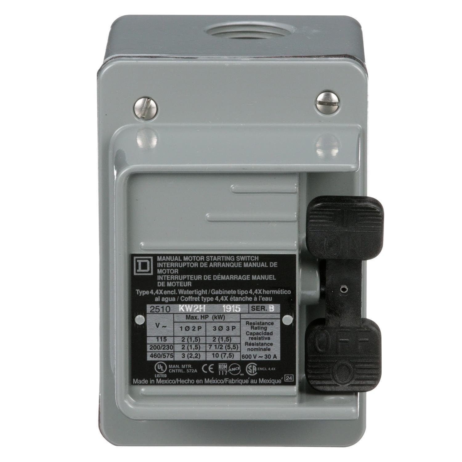 2510KW2H - Switch, manual, 30A, 3 pole, 10 HP at 575 VAC, three phase, toggle operated, no indicator, NEMA 4, two conduit opening
