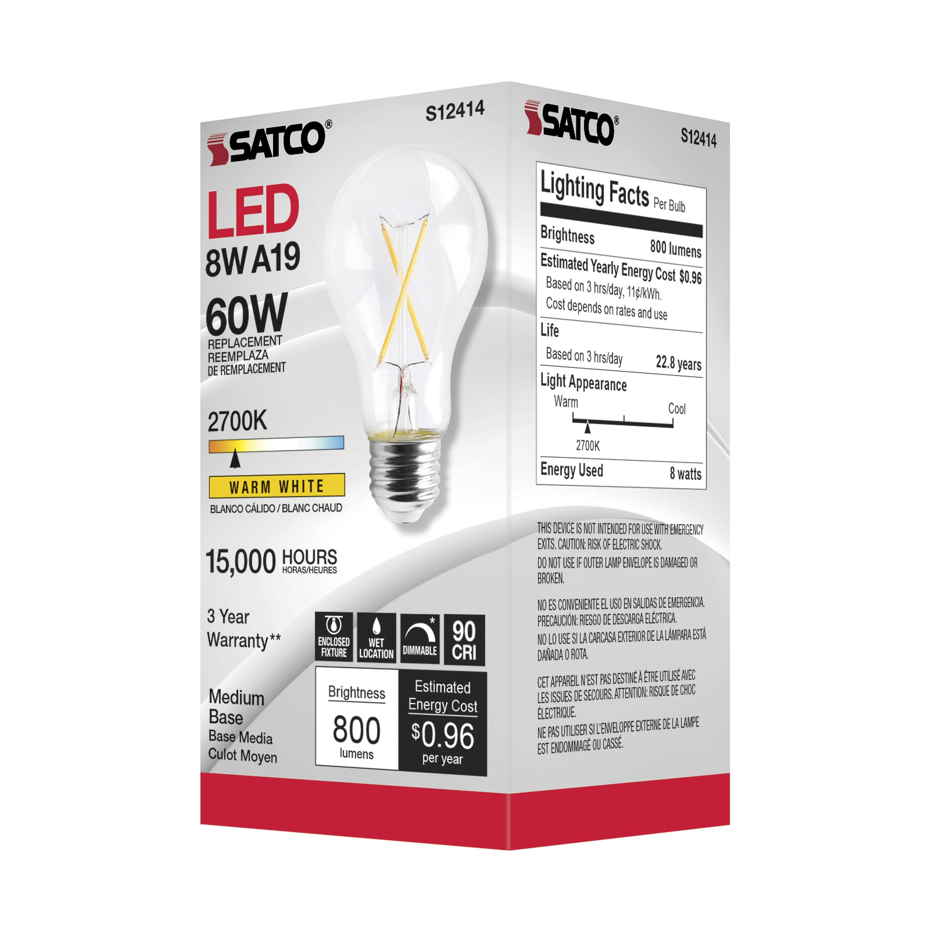 Picture of S12414 - 8 Watt LED A19 - Clear - Medium Base - 2700K - 90 CRI - 120 Volt