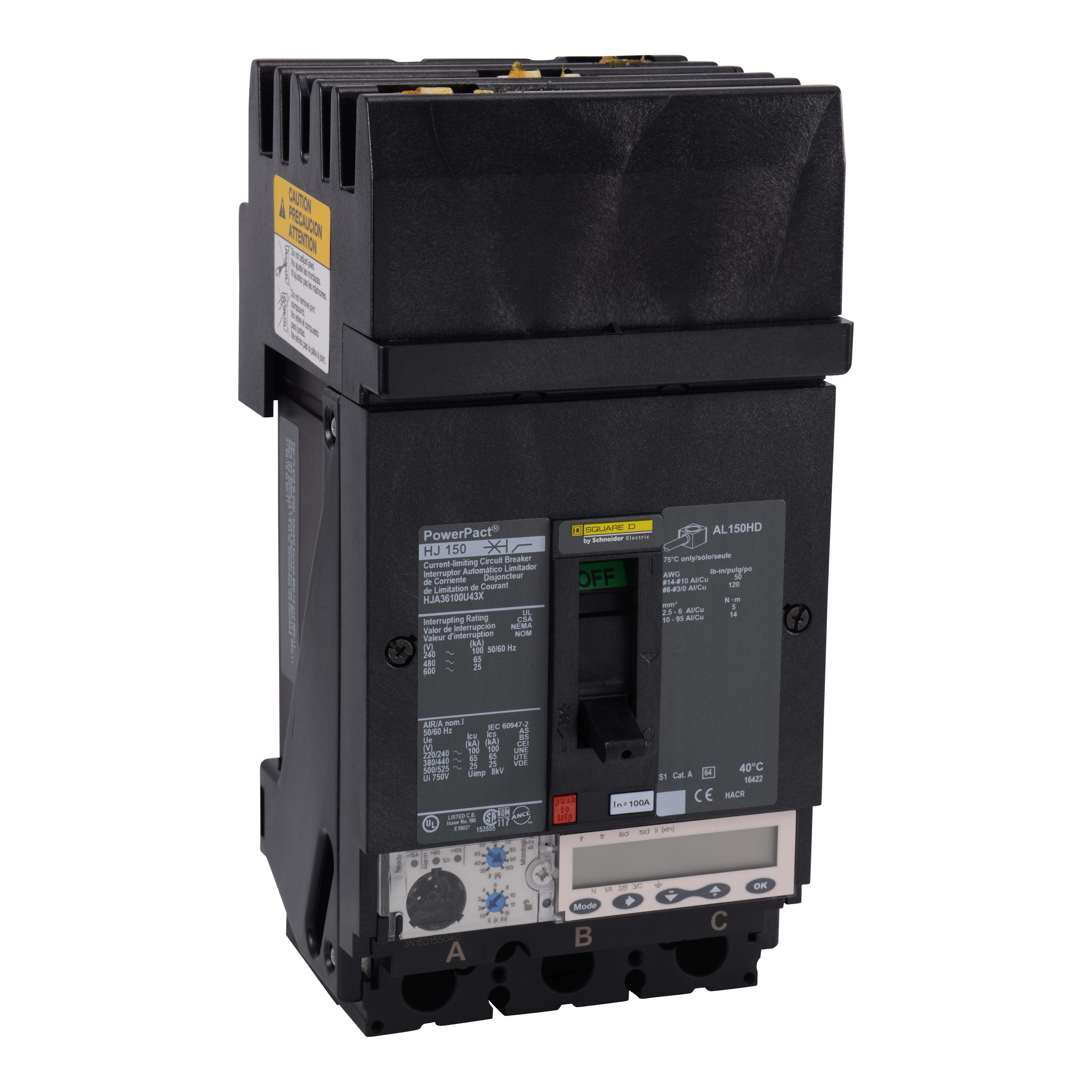 HJA36100U43X - Circuit breaker, PowerPacT H, 100A, 3 pole, 600VAC, 25kA, I-Line, Micrologic 5.2A, 80%, ABC
