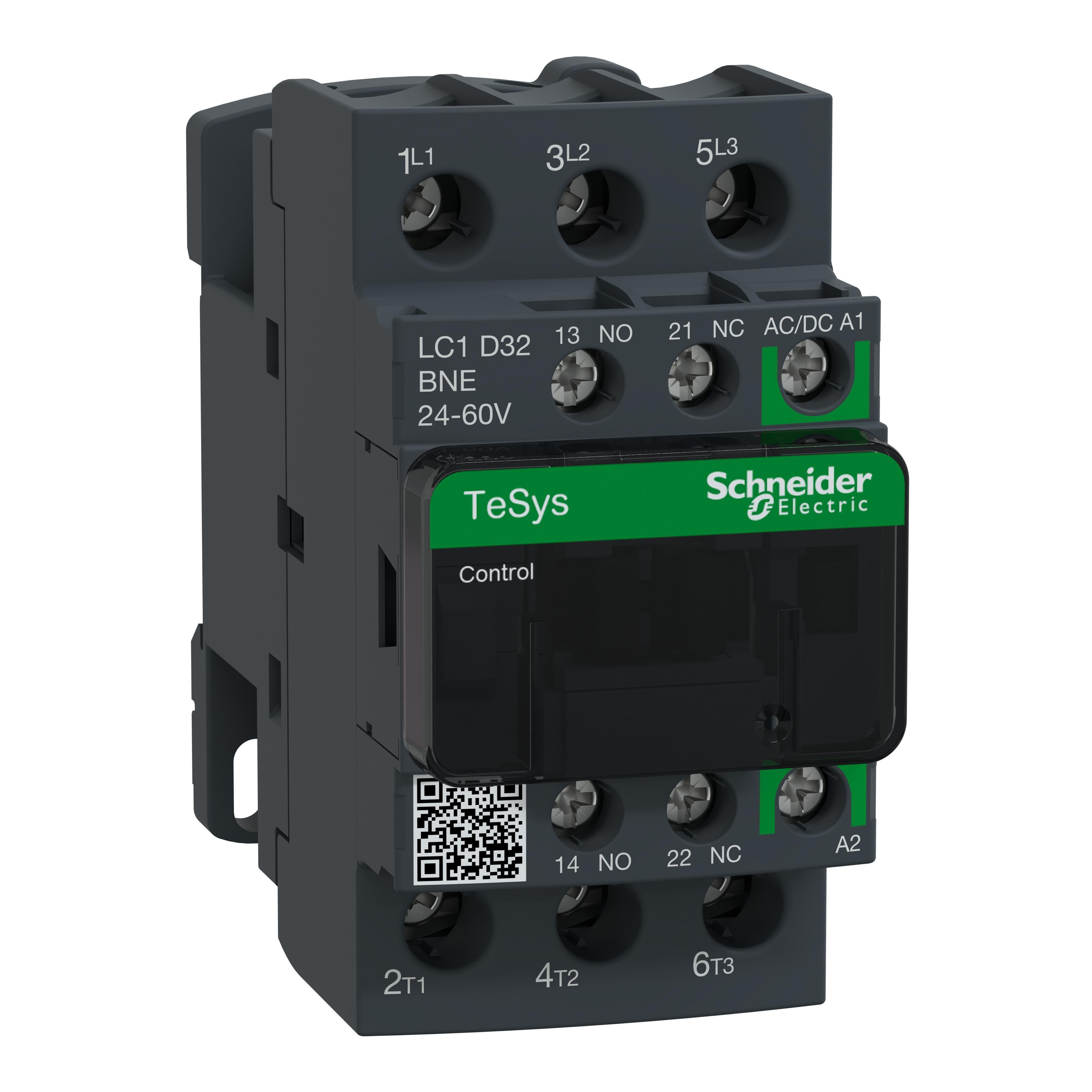 Picture of LC1D32BNE - IEC contactor, TeSys Deca, nonreversing, 32A, 20HP at 480VAC, up to 100kA SCCR, 3 phase, 3 NO, 24/60VAC/VDC coil, open