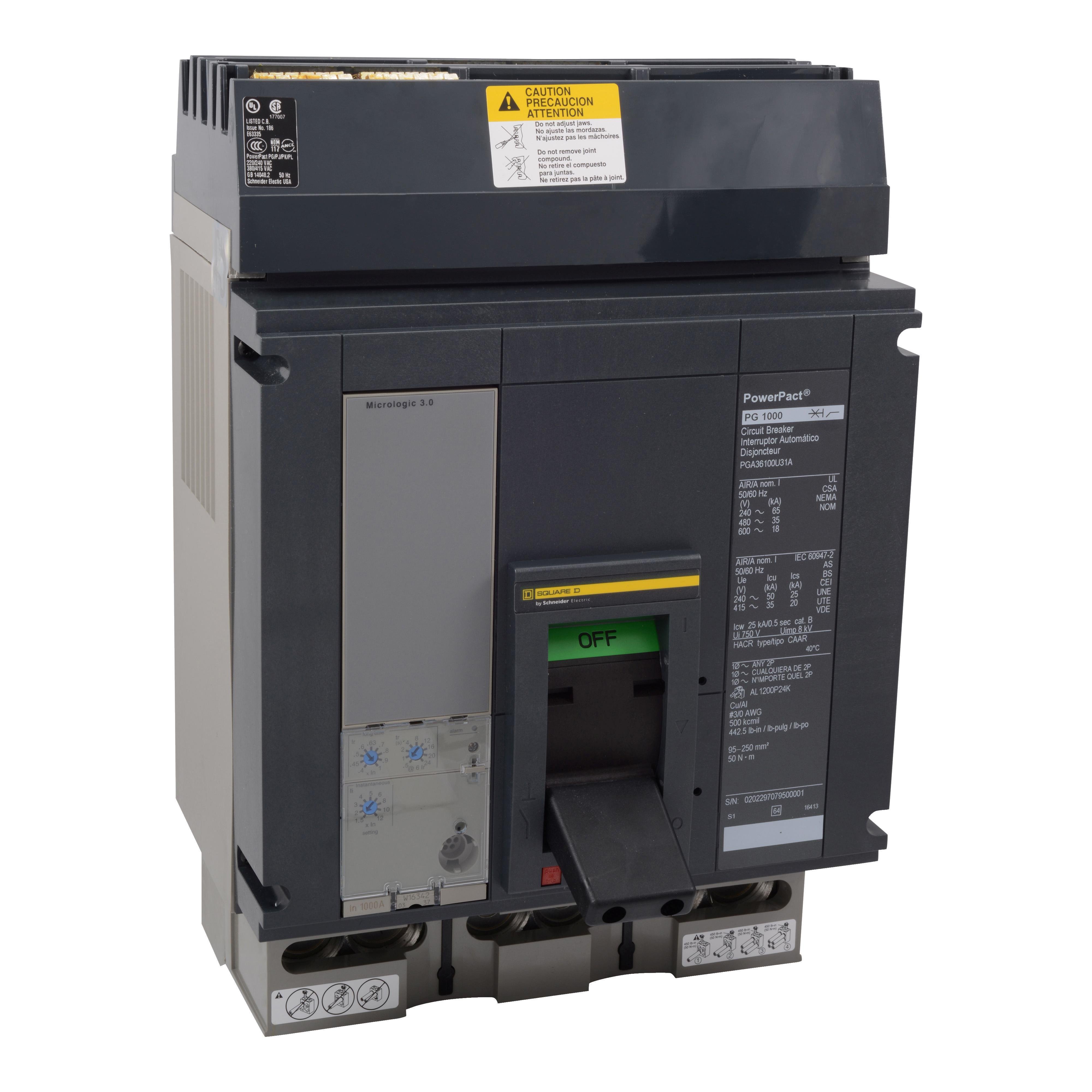 PJA36100U31A - Circuit breaker, PowerPacT P, 1000A, 3 pole, 600VAC, 25kA, I-Line, Micrologic 3.0, 80%, ABC