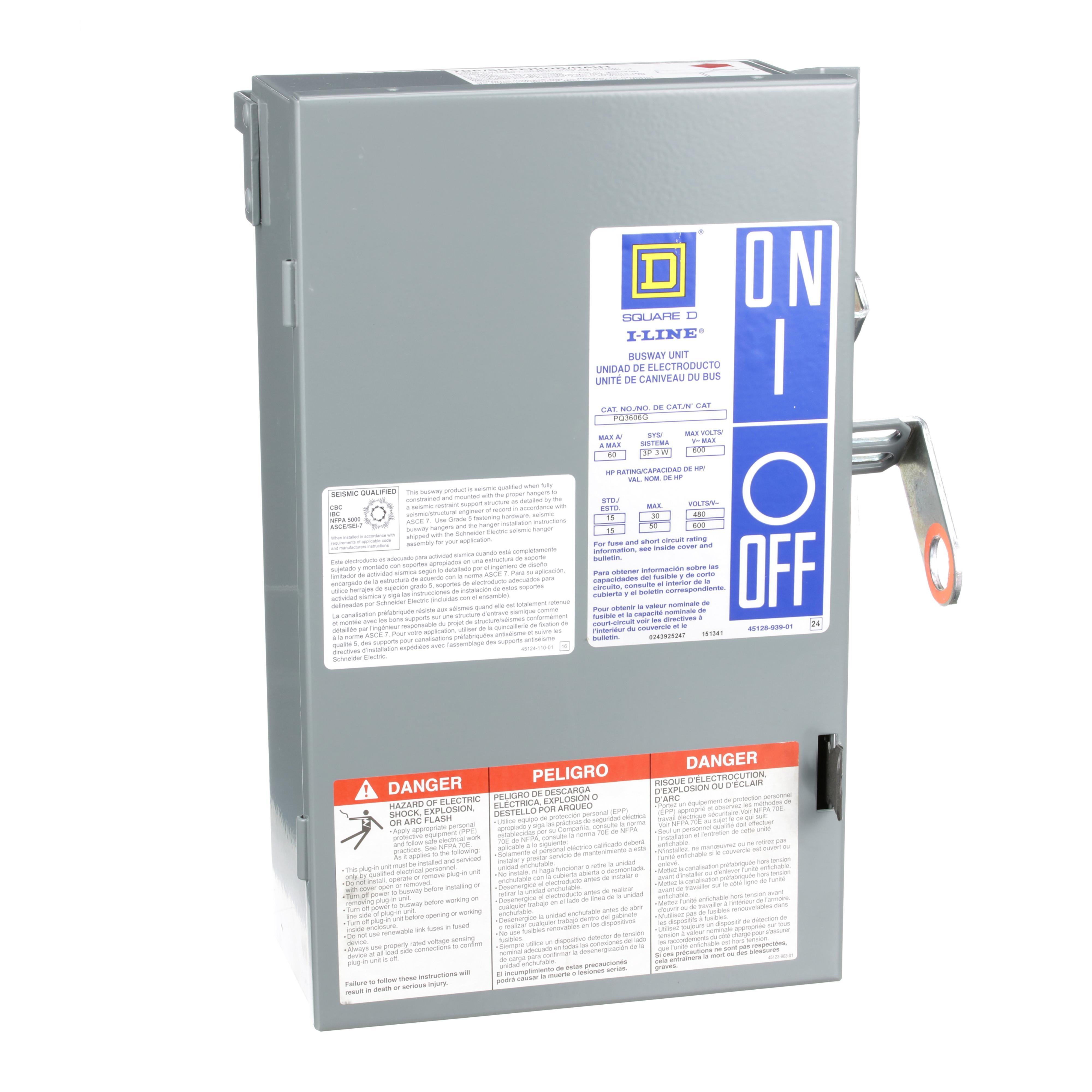 PQ3606G - Plug-in unit, I-Line Busway, fusible, 60A, 600VAC, 3 pole, 3 fuse + G, plug in connection
