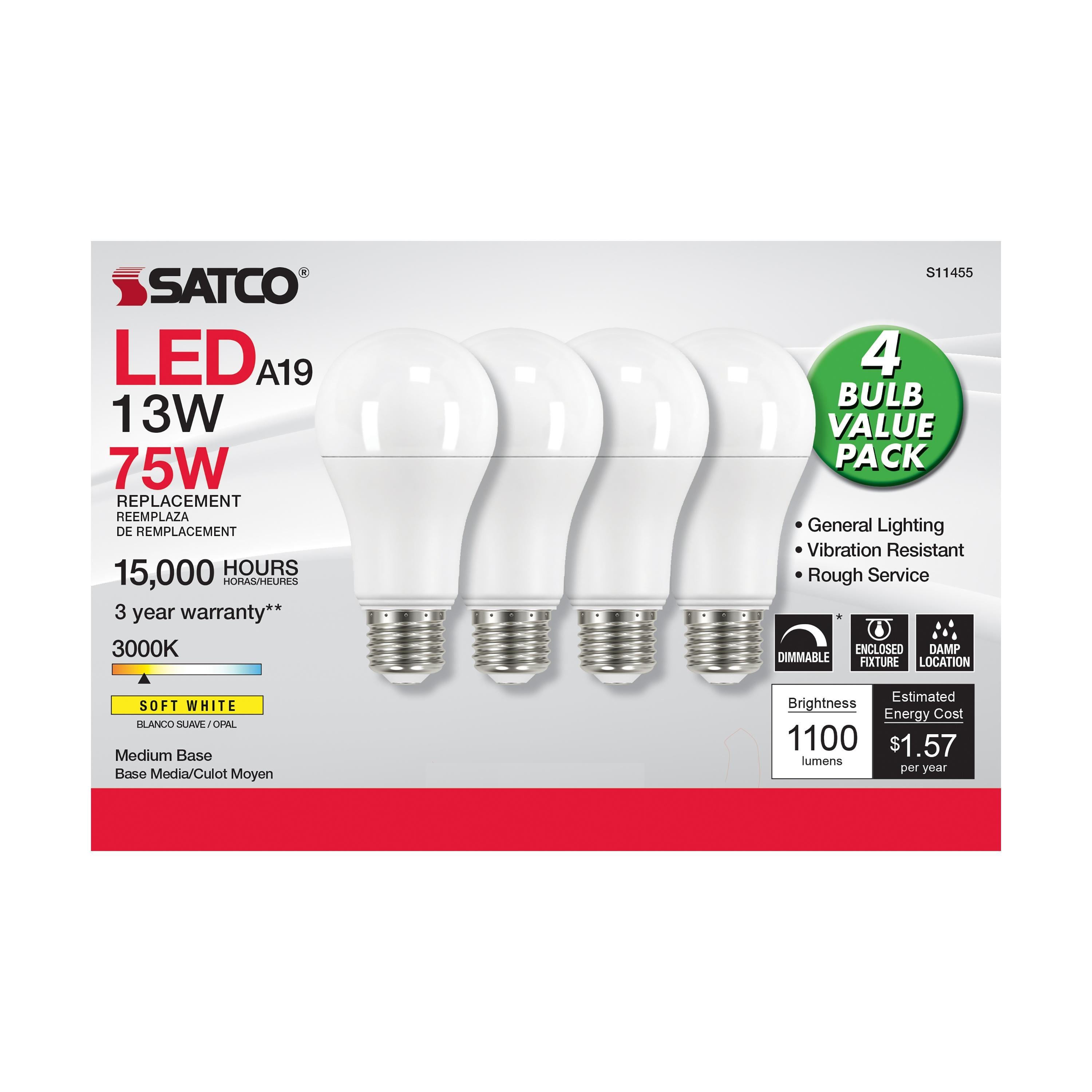 Picture of S11455 - 13 Watt A19 LED - 3000K - Dimmable - Medium base - 230 deg. Beam Angle - 4-pack