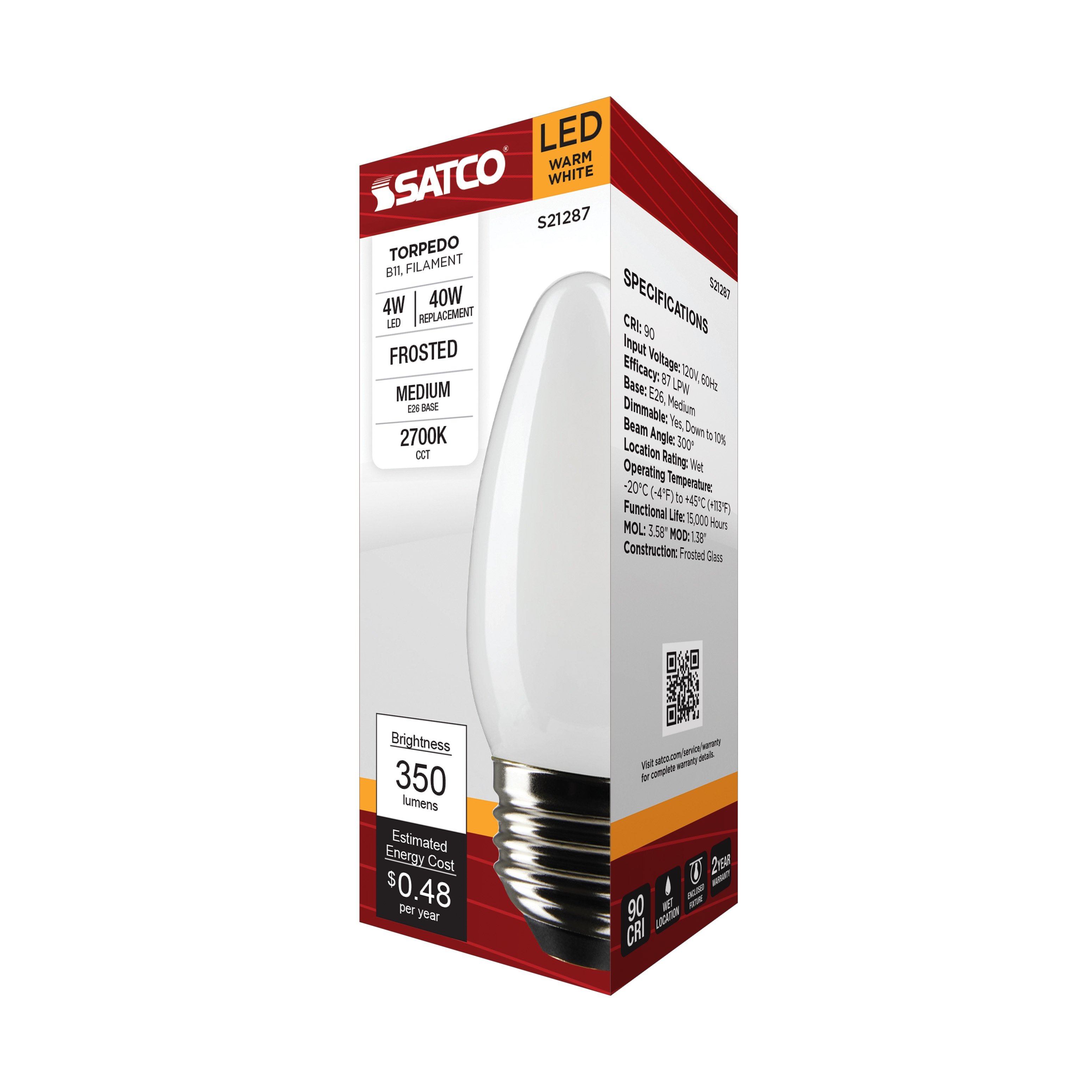 Picture of S21287 - 4 Watt B11 LED - Frost - Medium base - 90 CRI - 2700K - 120 Volt