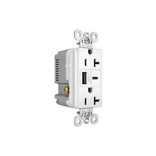 TR20USBAC6W - 20A 125V Tamper-Resistant Duplex Receptacle with USB A/C Fast Charging Ports, White