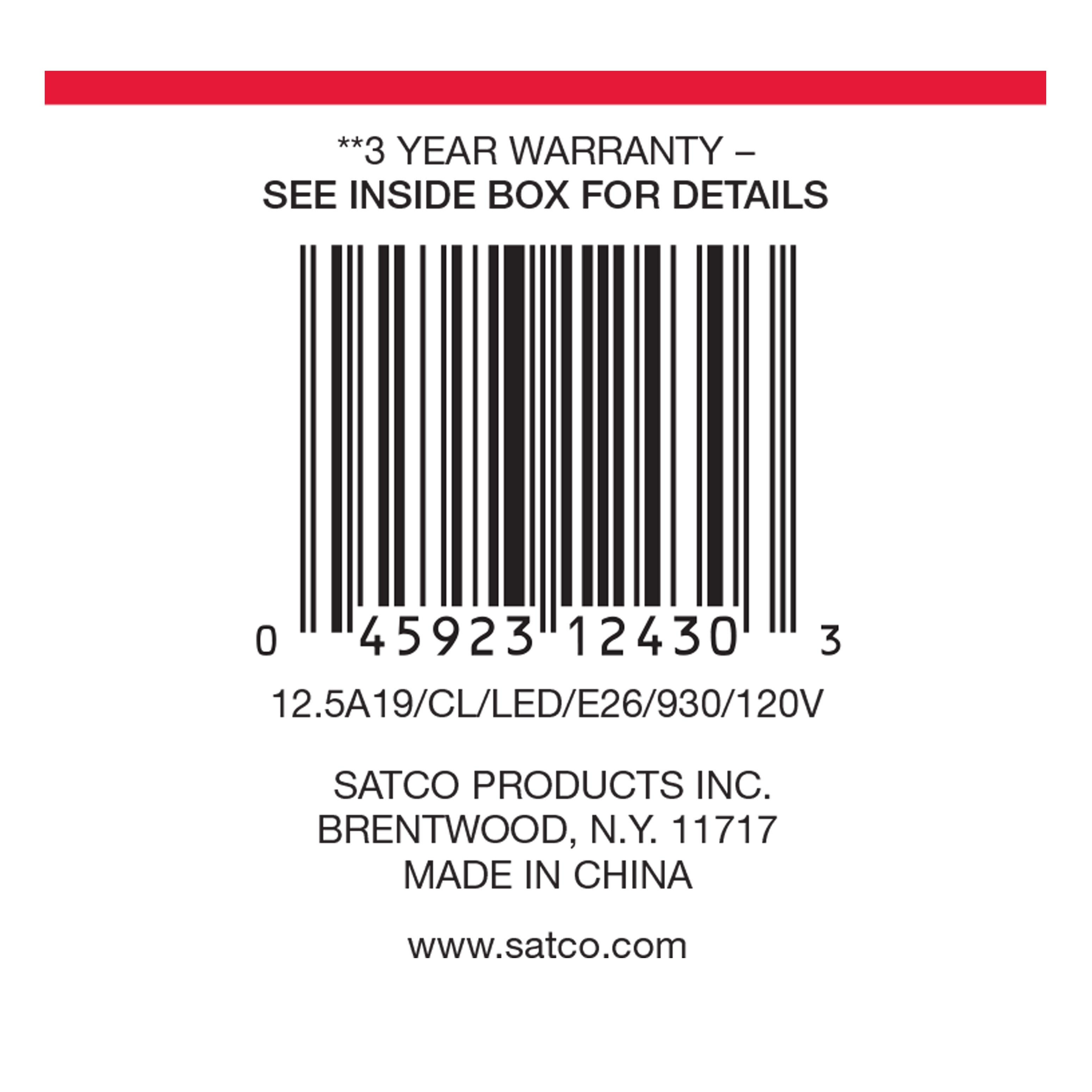 Picture of S12430 - 12.5 Watt LED A19 - Clear - Medium Base - 3000K - 90 CRI - 120 Volt