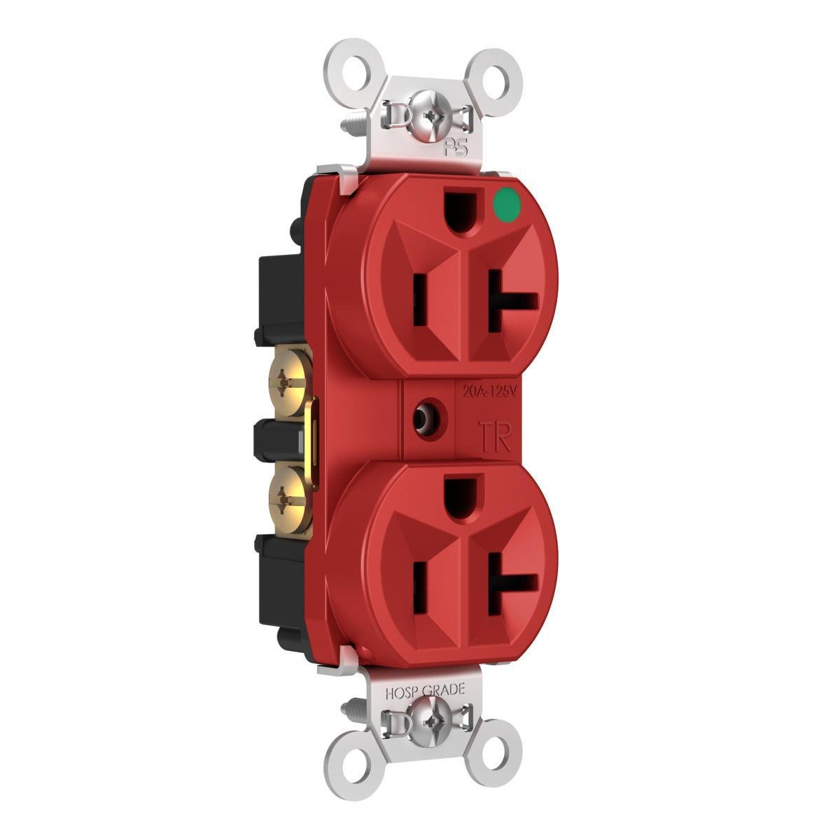 TR8300HRED - 20A 125V Hospital-Grade Tamper-Resistant Compact Duplex Receptacle, Back and Side Wire, Red