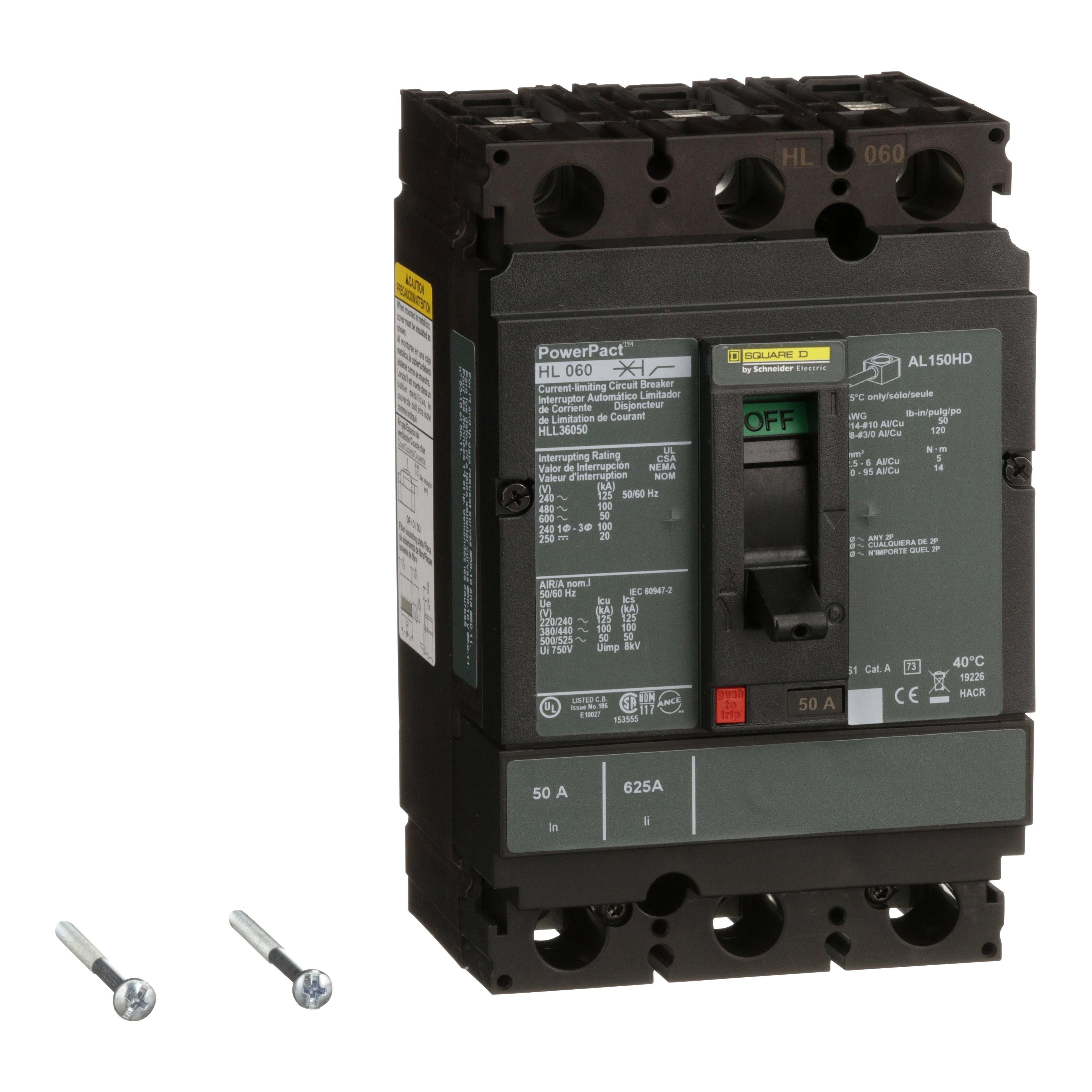 HLL36050 - Circuit breaker, PowerPacT H, 50A, 3 pole, 600VAC, 50kA, lugs, thermal magnetic, 80%