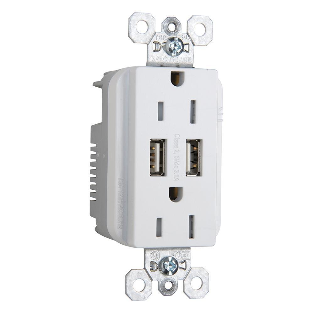 TR5262USBW - 15A 125V Fed Spec-Grade Tamper-Resistant USB Type A/A Outlet, White