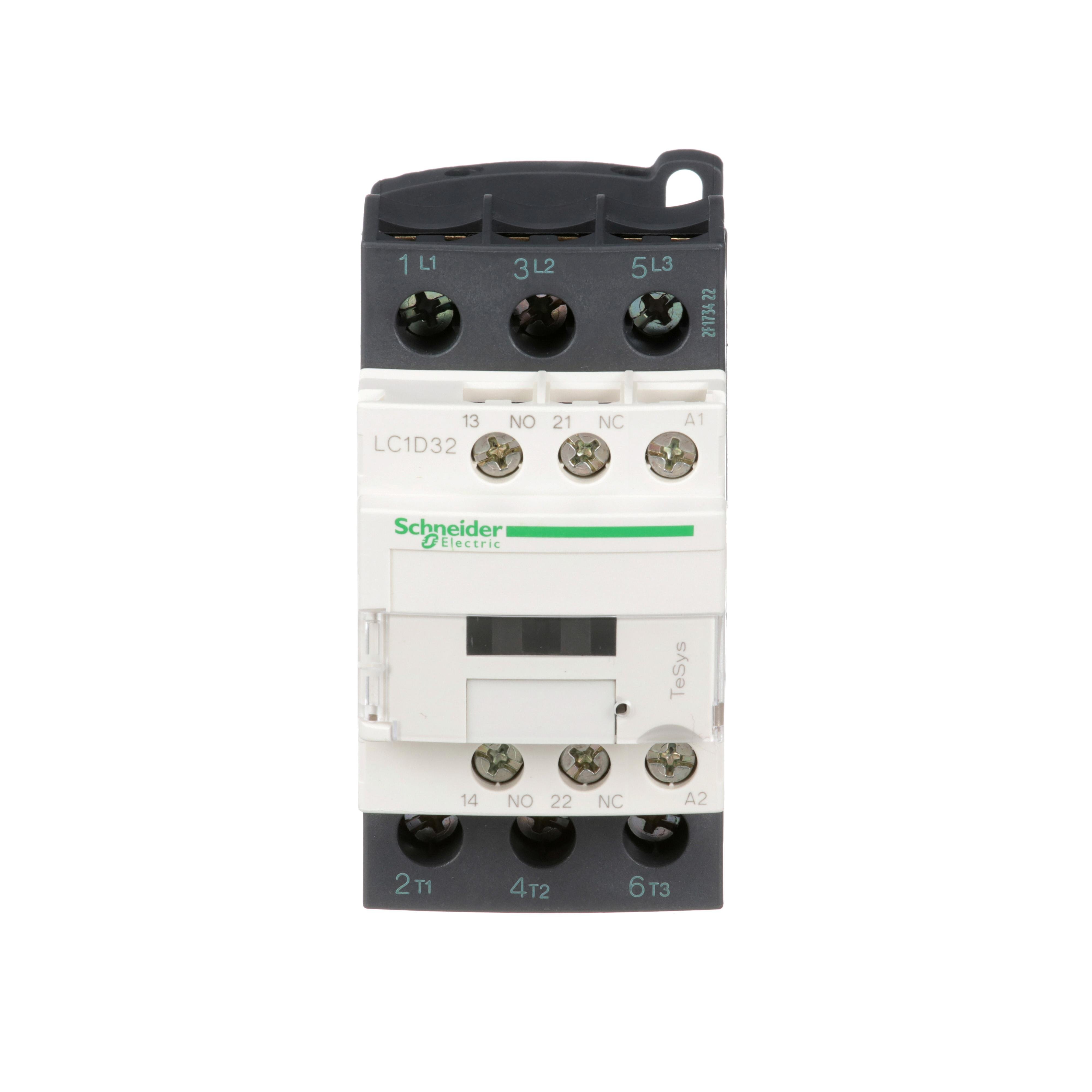 LC1D32B7 - IEC contactor, TeSys Deca, nonreversing, 32A, 20HP at 480VAC, up to 100kA SCCR, 3 phase, 3 NO, 24VAC 50/60Hz coil, open