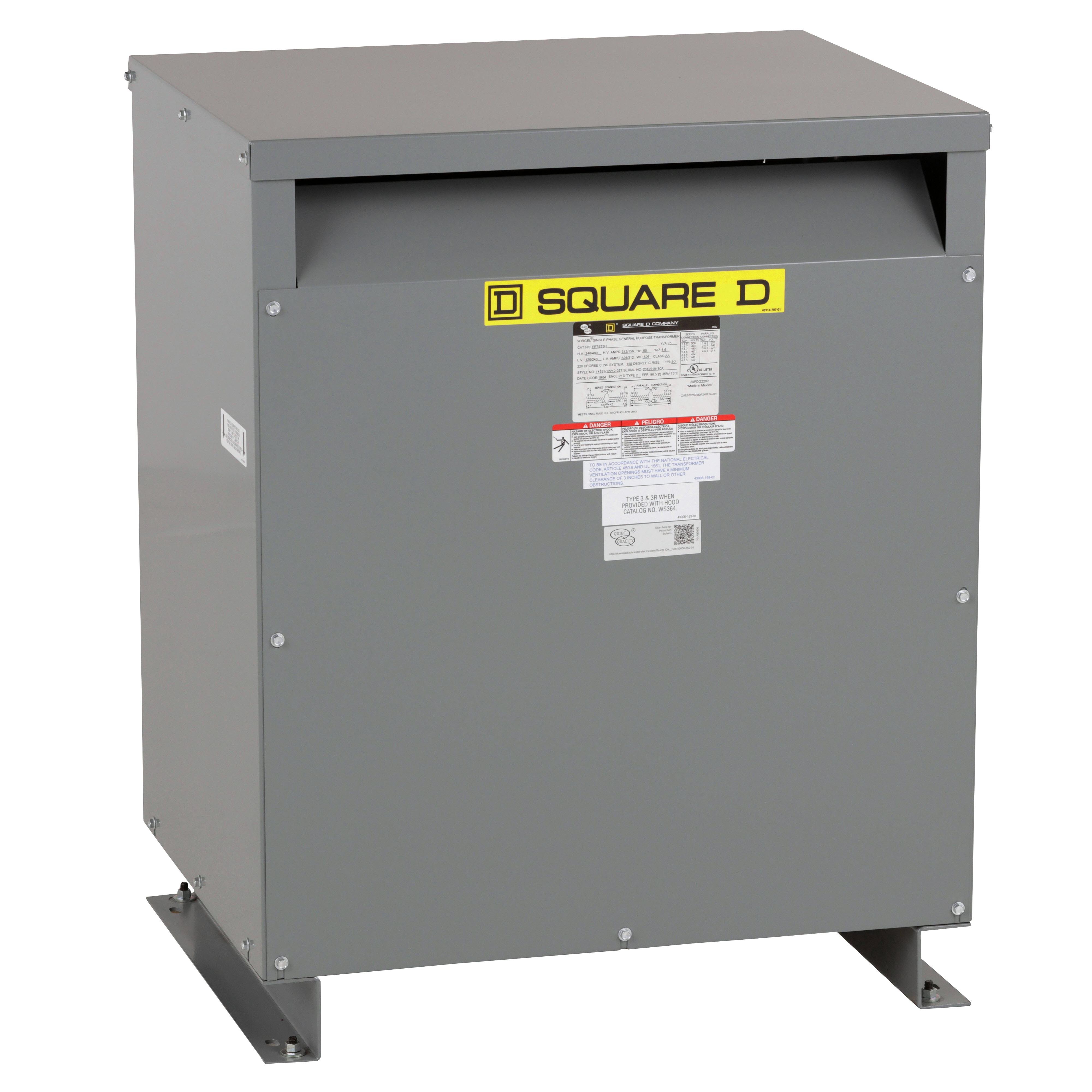 EE75S3H - Transformer, dry type, DOE 2016, 75kVA, 1 phase, 240x480V primary, 120/240V secondary, 21D, 150C rise