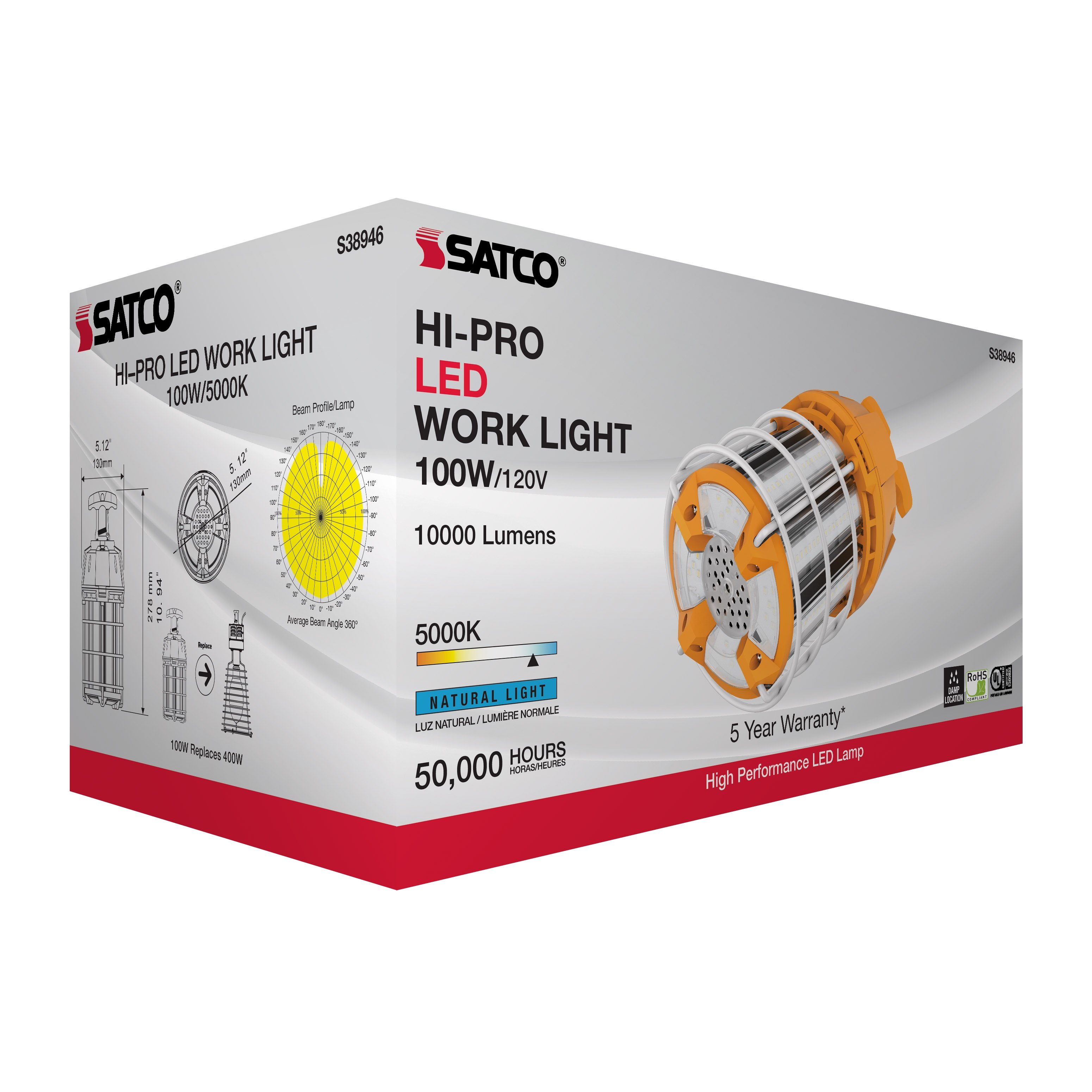 Picture of S38946 - 100 Watt LED Hi-Lumen temporary Hi-Bay Caged lamp - 5000K - Integrated Cord / Plug & Hook - 120 Volt