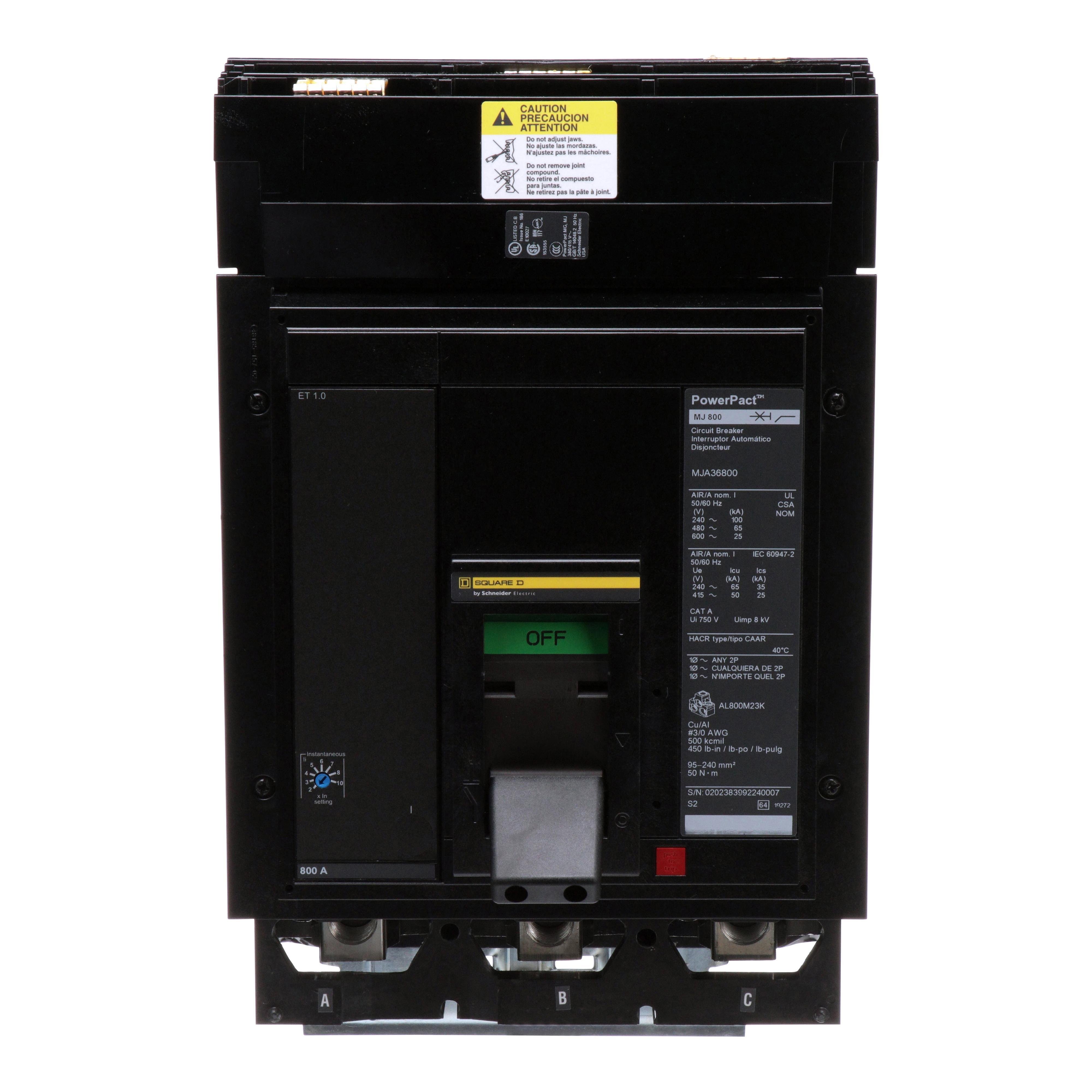 Picture of MJA36800 - Circuit breaker, PowerPacT M, 800A, 3 pole, 600VAC, 25kA, I-Line, ET 1.0, 80%, ABC