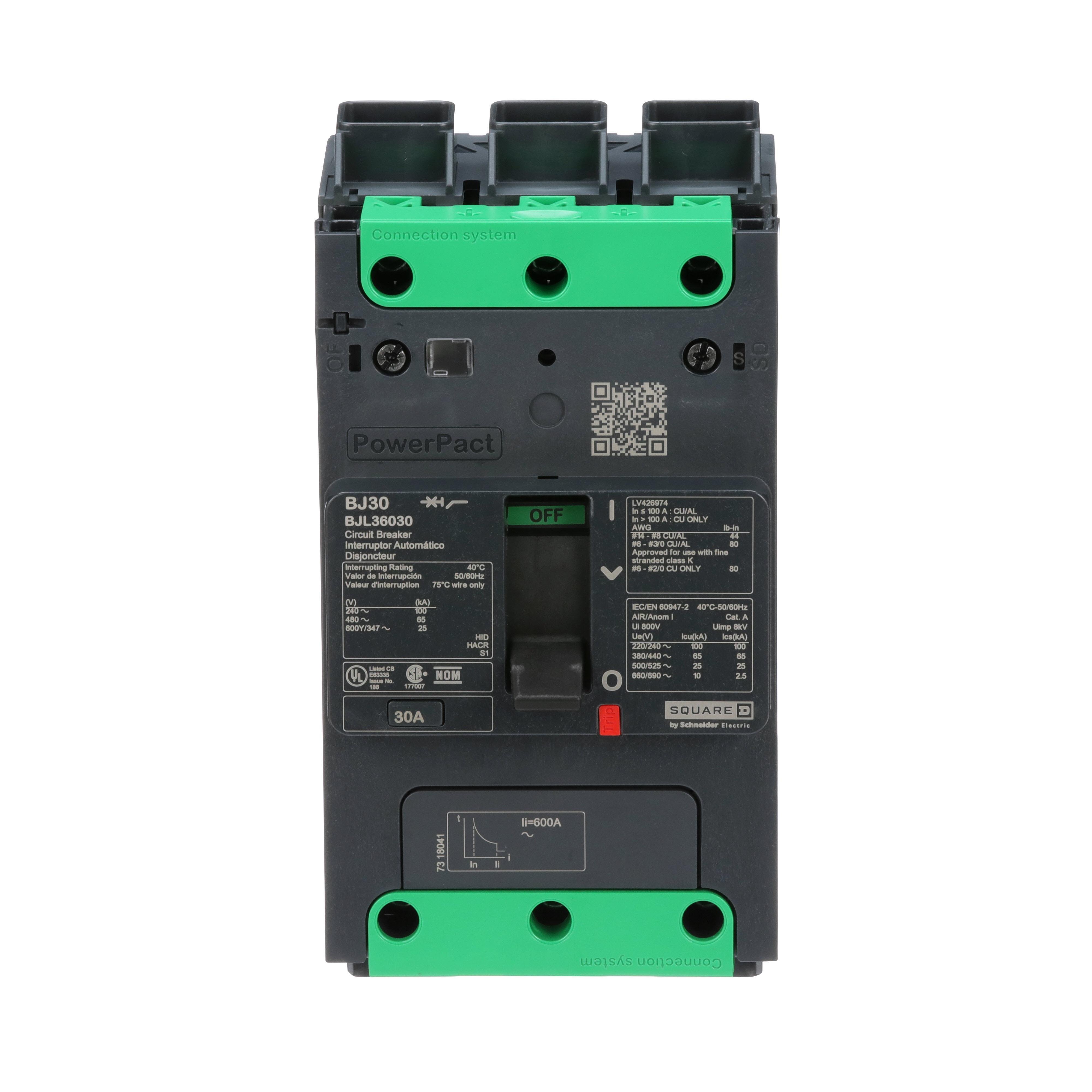 BJL36030 - Circuit breaker, PowerPacT B, 30A, 3 pole, 600Y/347VAC, 25kA, lugs, thermal magnetic, 80%