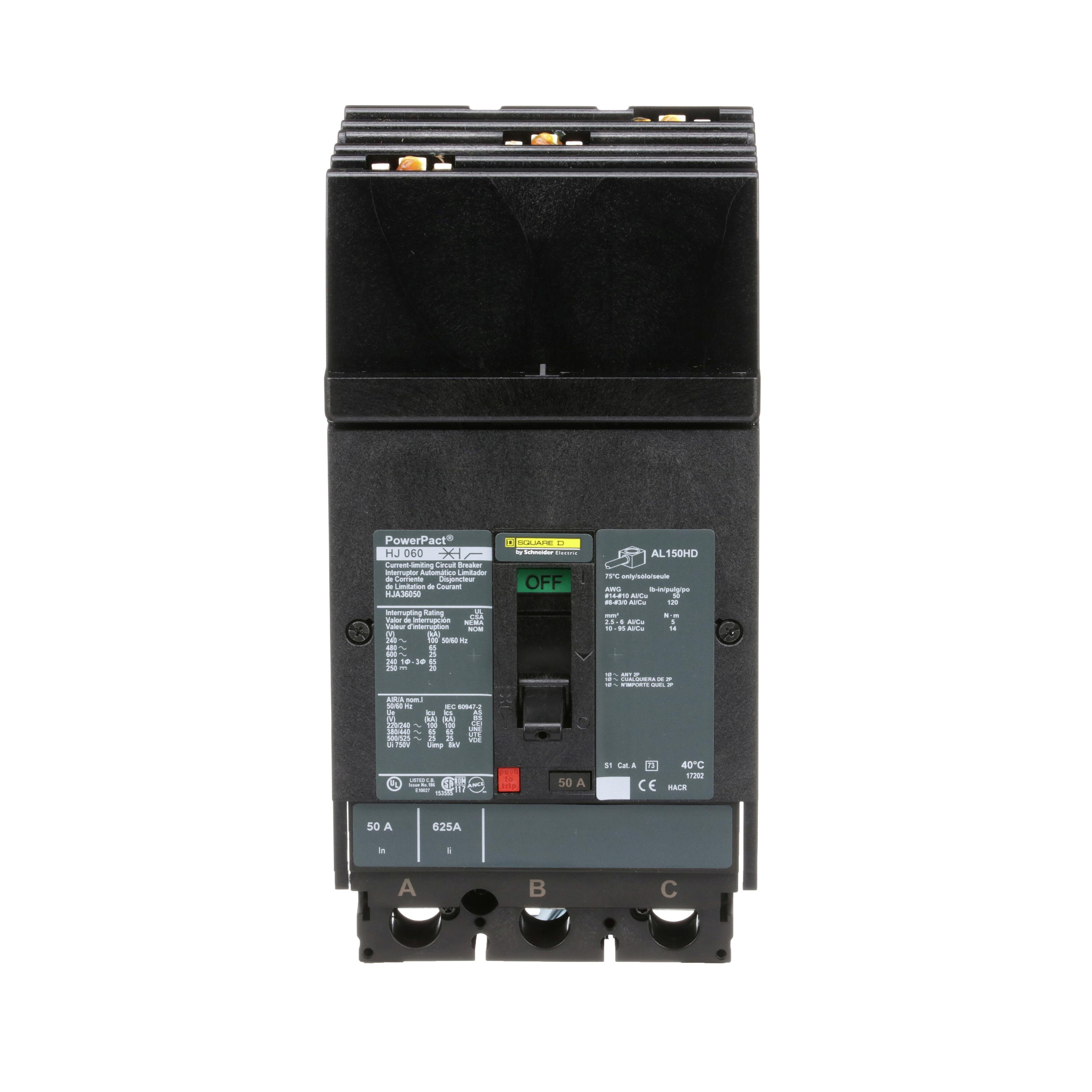 Picture of HJA36050 - Circuit breaker, PowerPacT H, 50A, 3 pole, 600VAC, 25kA, I-Line, thermal magnetic, 80%, ABC