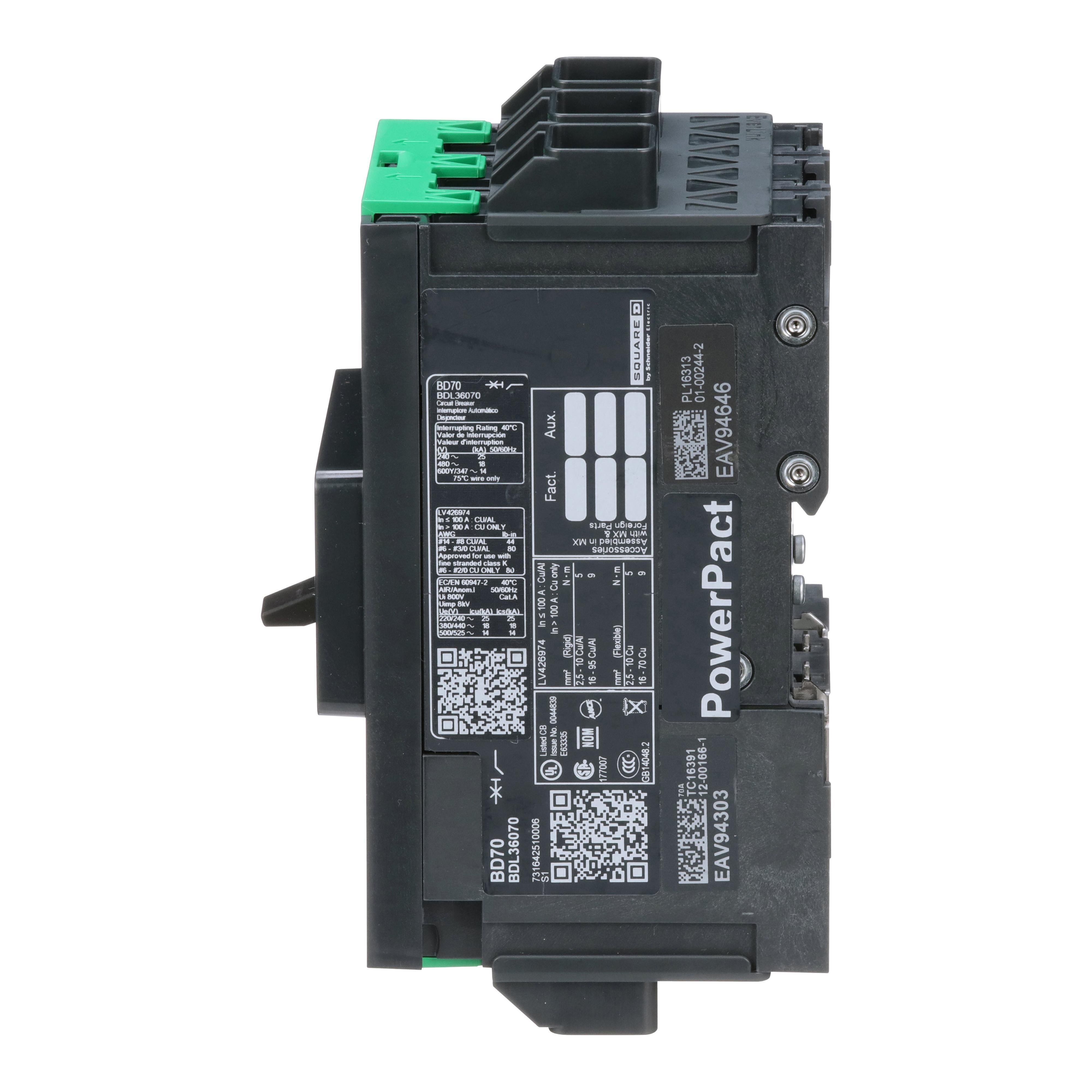 Picture of BDL36070 - Circuit breaker, PowerPacT B, 70A, 3 pole, 600Y/347VAC, 14kA, lugs, thermal magnetic, 80%