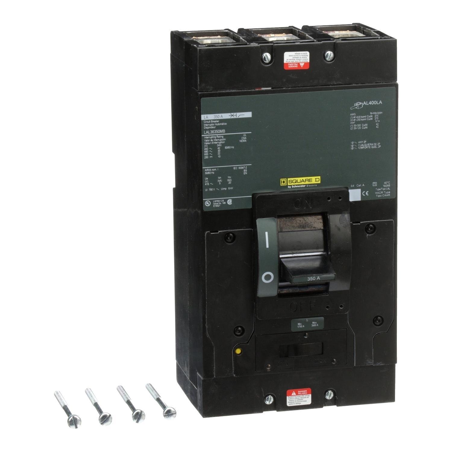 Picture of LAL36350MB - Circuit breaker, LA, 350A, 3 pole, 600VAC, 22kA, 250VDC, 10kA, lugs, thermal magnetic, short handle