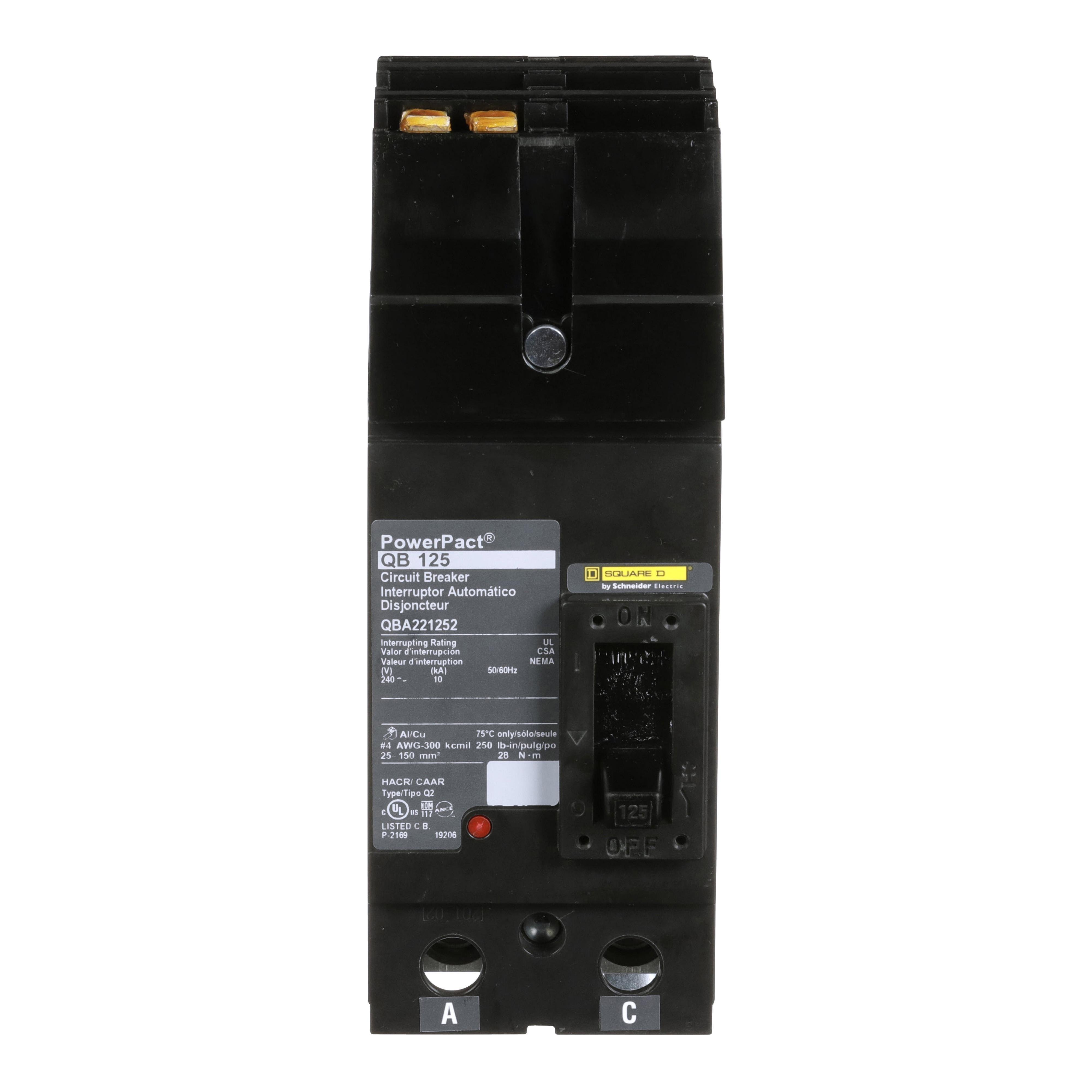 QBA221252 - Circuit breaker, PowerPacT Q, 125A, 2 pole, 240VAC, 10kA, I-Line, thermal magnetic, 80%, AC