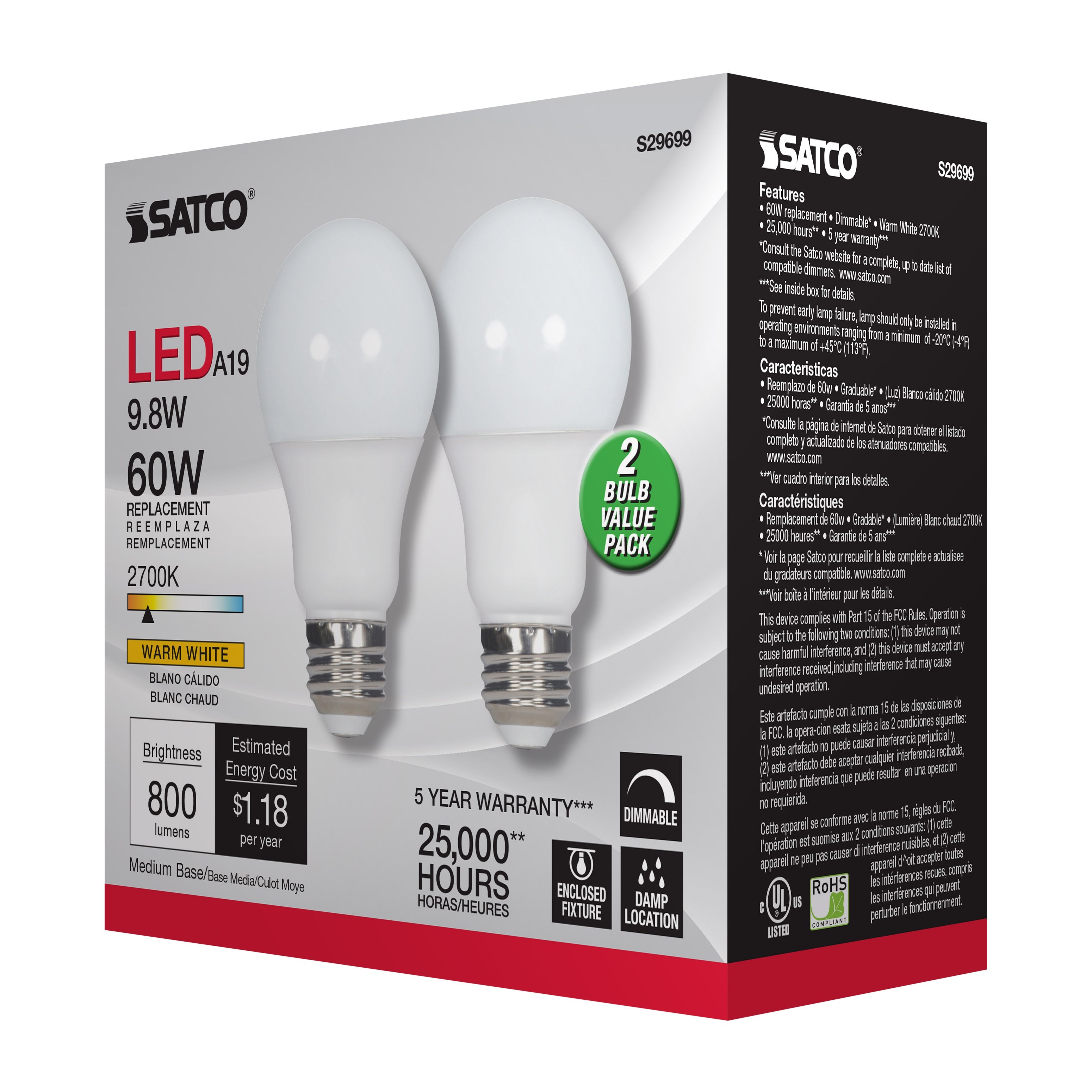 Picture of S29699 - 9.8 Watt - A19 LED - Medium base - 2700K - Frosted - 220 deg. Beam Angle - 120 Volt - 2-Pack Display Pack