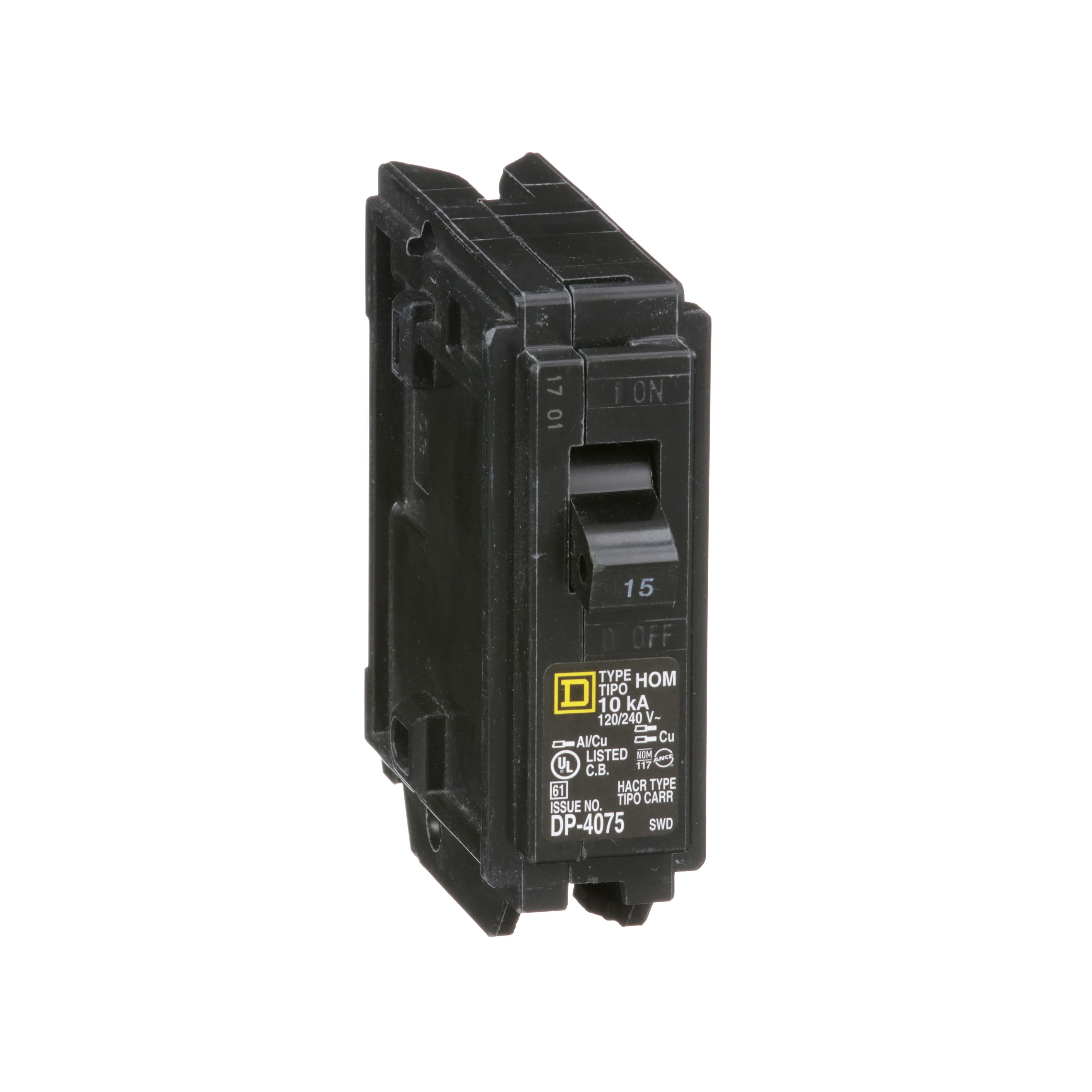 HOM115 - Mini circuit breaker, Homeline, 15A, 1 pole, 120/240VAC, 10kA AIR, standard type, plug in, UL