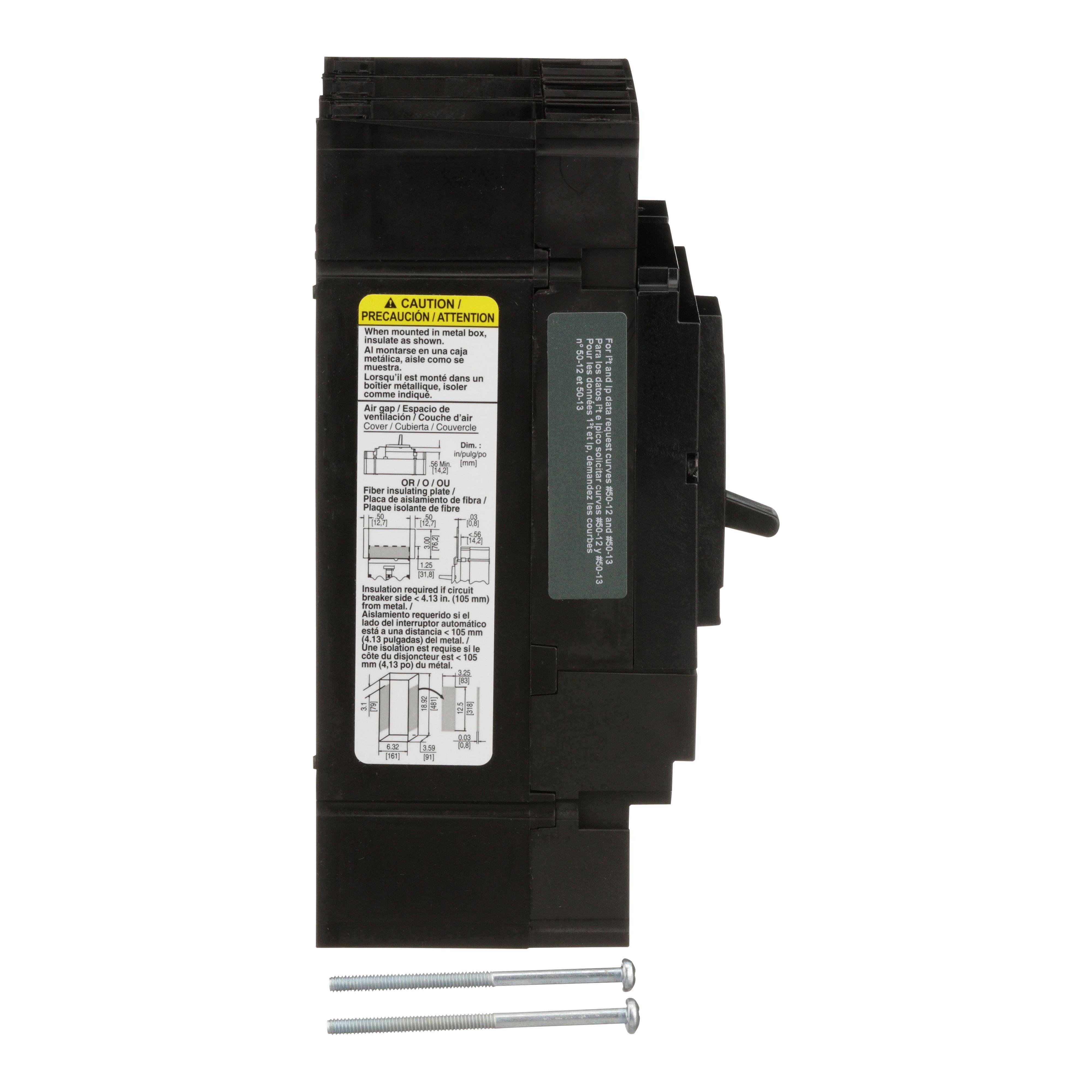 Picture of JJL36250 - Circuit breaker, PowerPacT J, 250A, 3 pole, 600VAC, 25kA, lugs, thermal magnetic, 80%