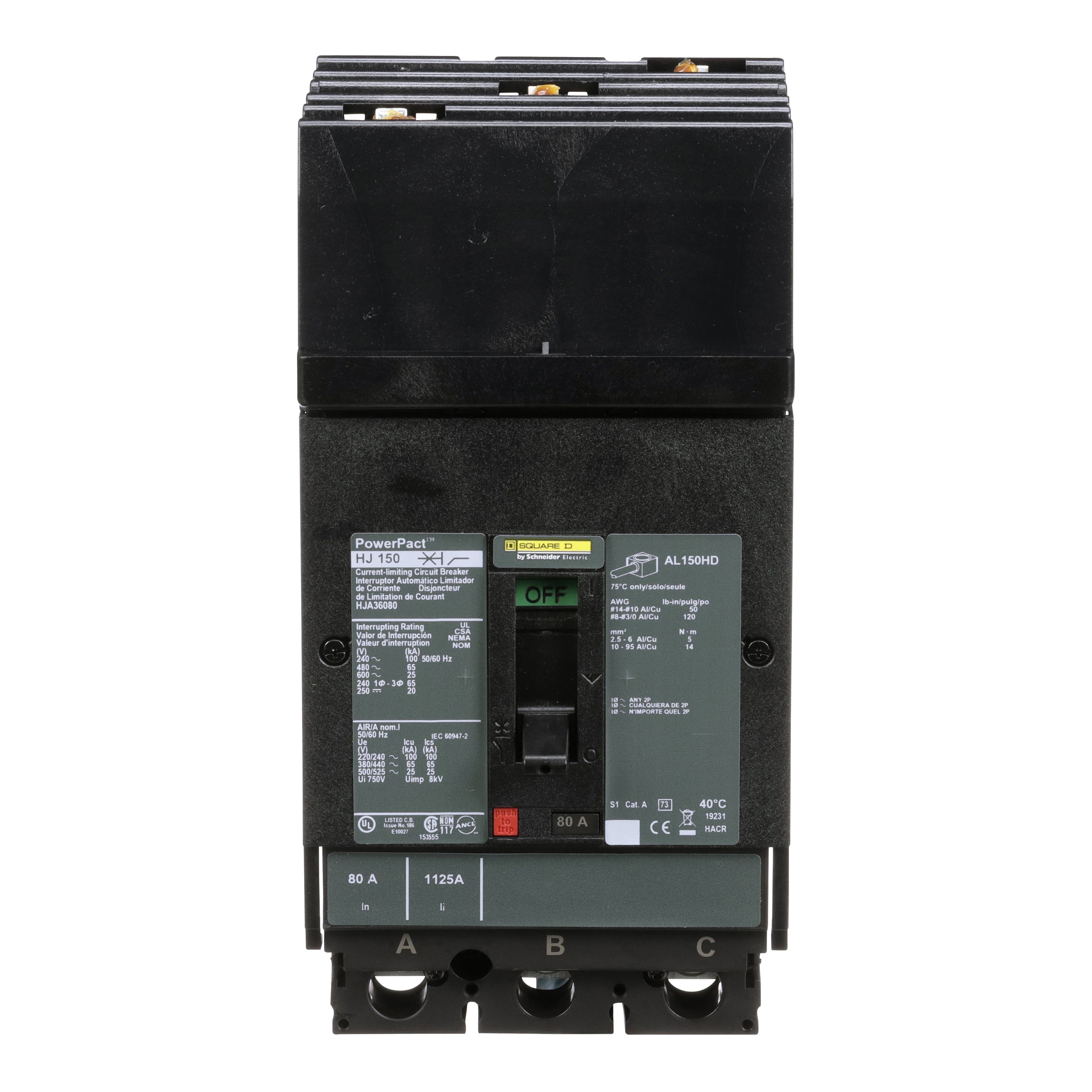 Picture of HJA36080 - Circuit breaker, PowerPacT H, 80A, 3 pole, 600VAC, 25kA, I-Line, thermal magnetic, 80%, ABC
