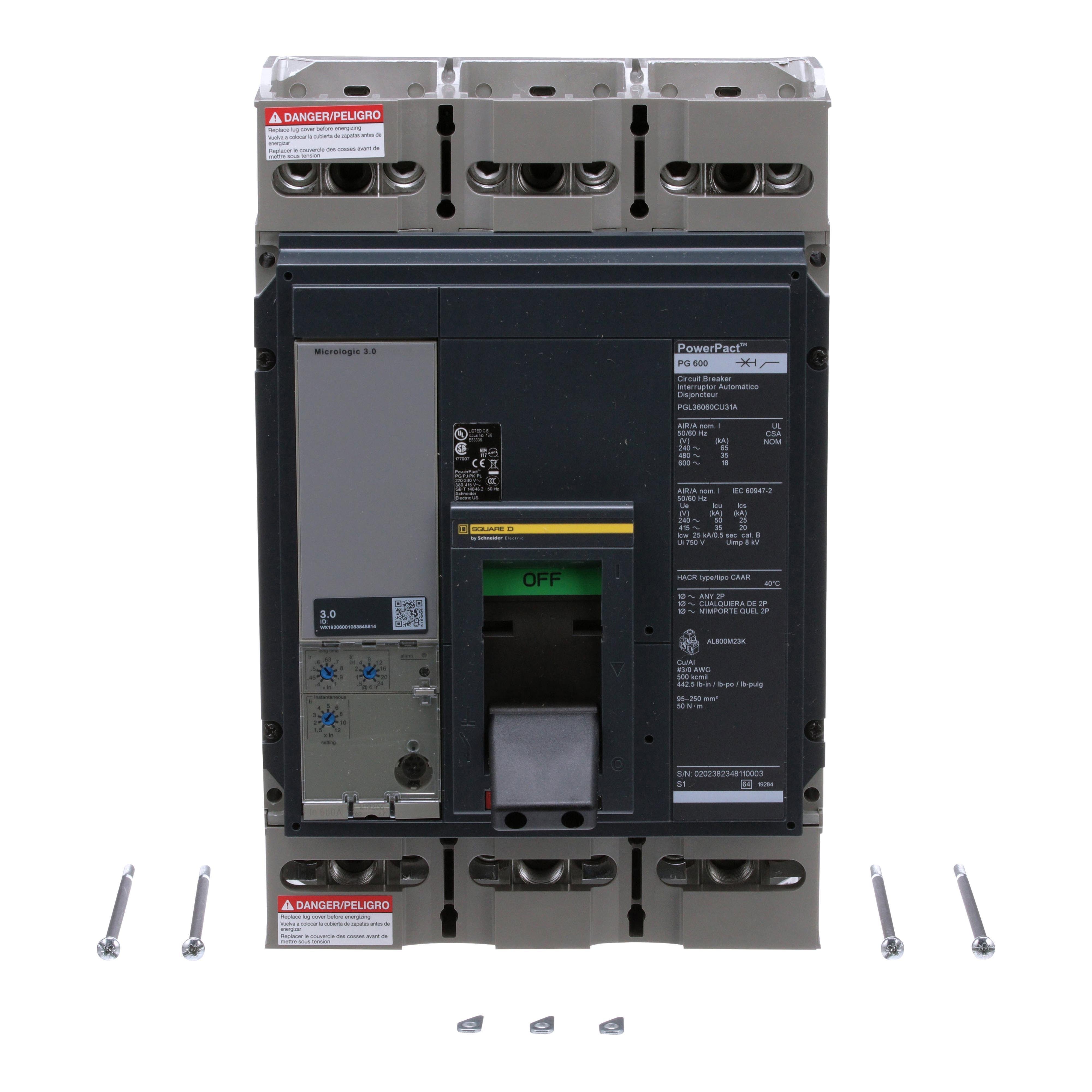 PGL36060CU31A - Circuit breaker, PowerPacT P, 600A, 3 pole, 600VAC, 18kA, lugs, Micrologic 3.0, 100%