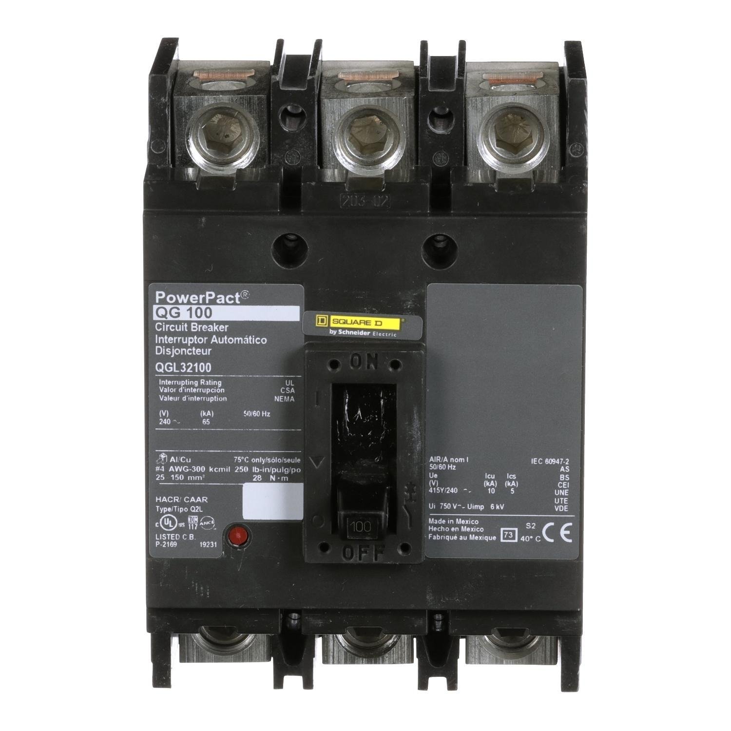 QGL32100 - Circuit breaker, PowerPacT Q, 100A, 3 pole, 240VAC, 65kA, lugs, thermal magnetic, 80%