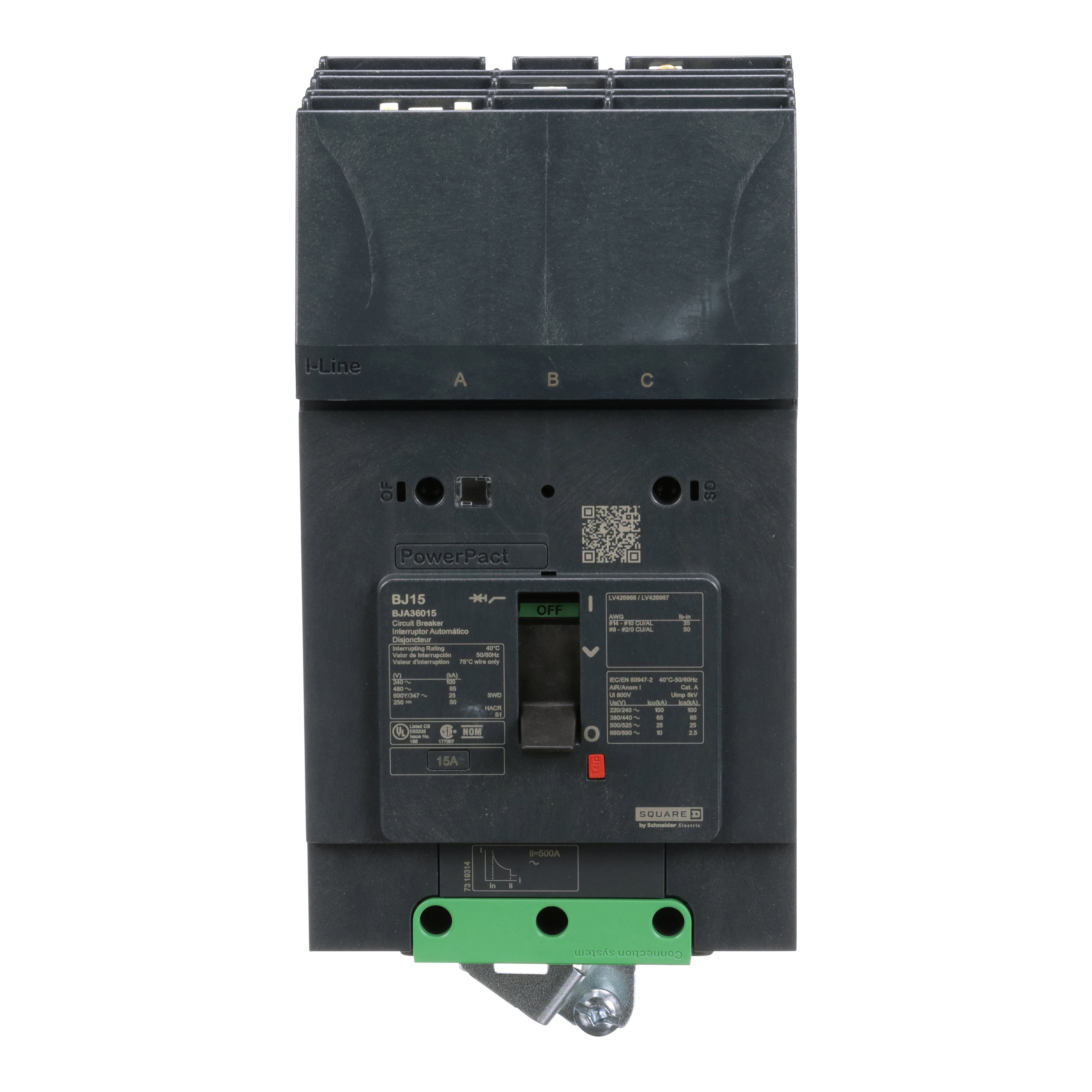 Picture of BJA36015 - Circuit breaker, PowerPacT B, 15A, 3 pole, 600Y/347VAC, 25kA, I-Line, thermal magnetic, 80%, ABC