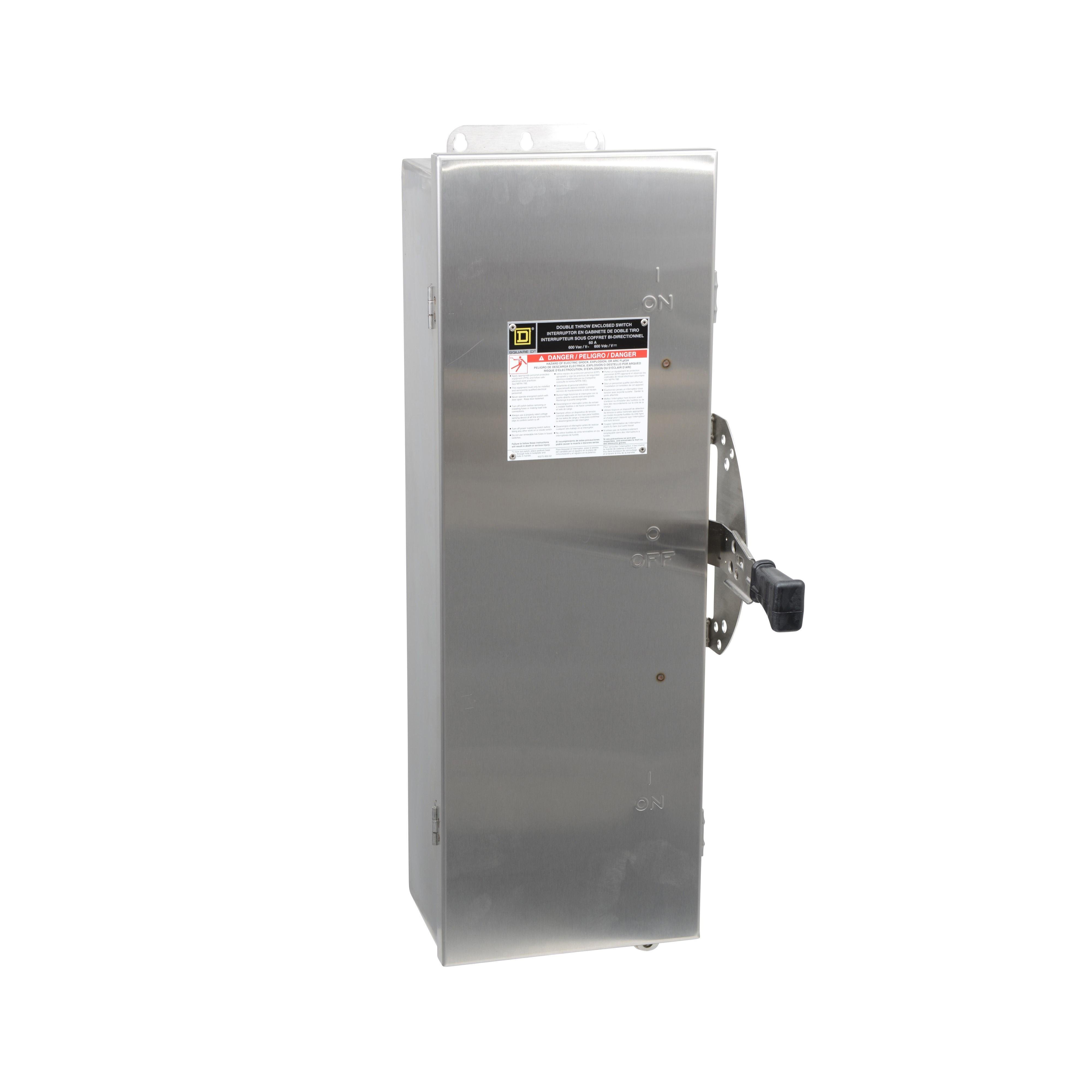 DTU362DS - Safety switch, double throw, non fusible, 3 pole, 3 wire, 600VAC, 600VDC, 60A, Type 4/4X/5, 304 stainless steel