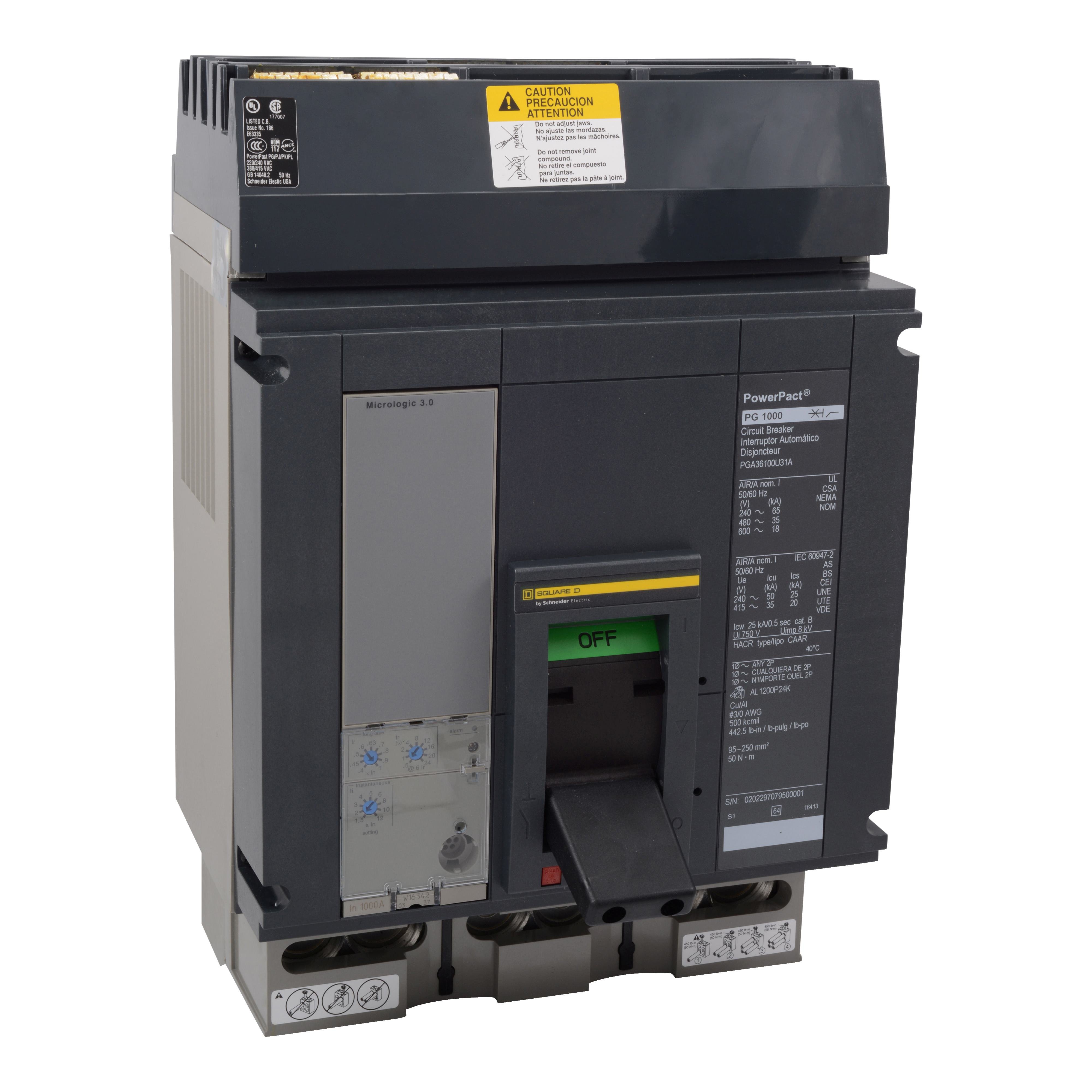 PJA36120 - Circuit breaker, PowerPacT P, 1200A, 3 pole, 600VAC, 25kA, I-Line, ET1.0l, 80%, ABC