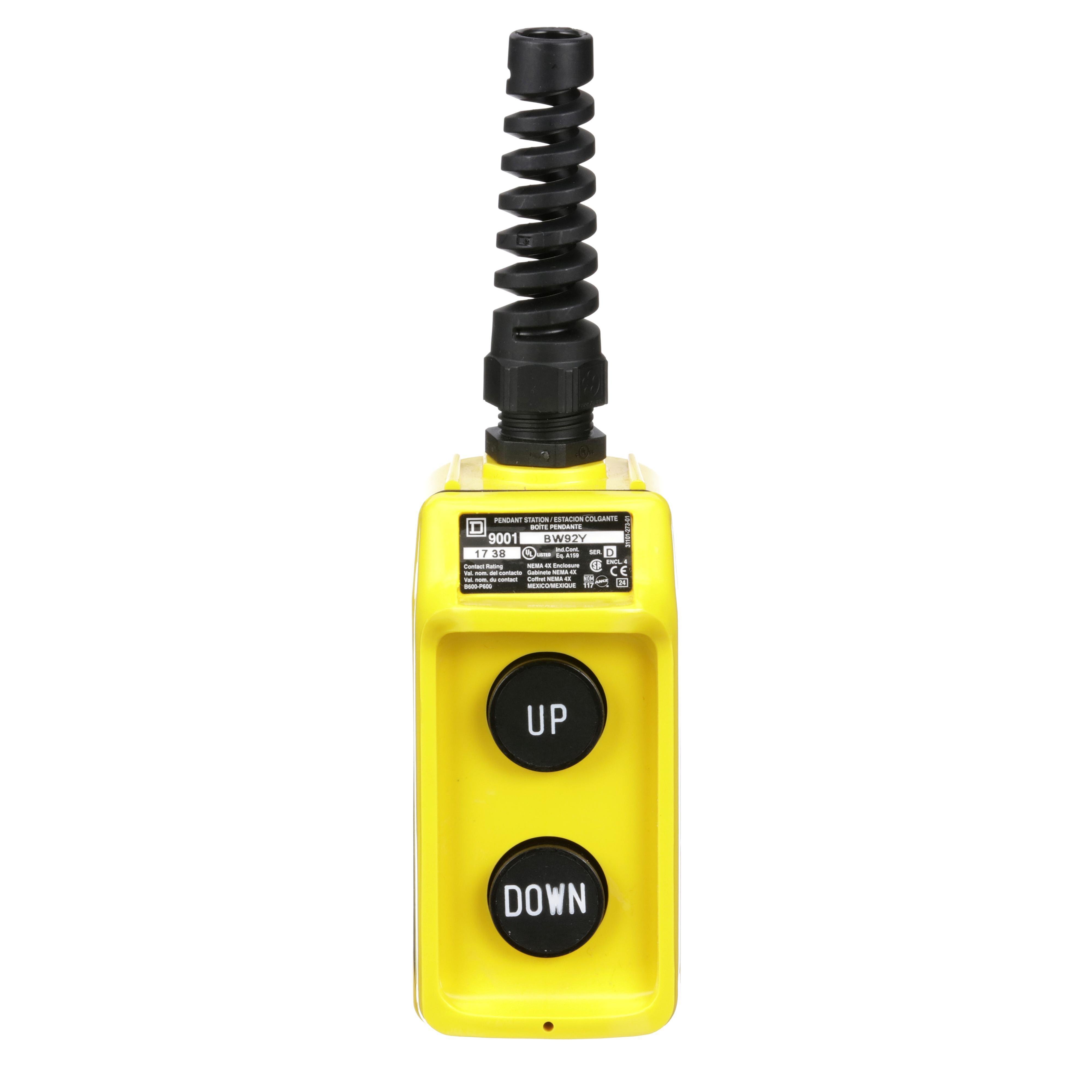9001BW92Y - Pendant Station, 2 mechanically interlocked push buttons, NO contacts, UP DOWN, yellow enclosure, 600 VAC 5 A