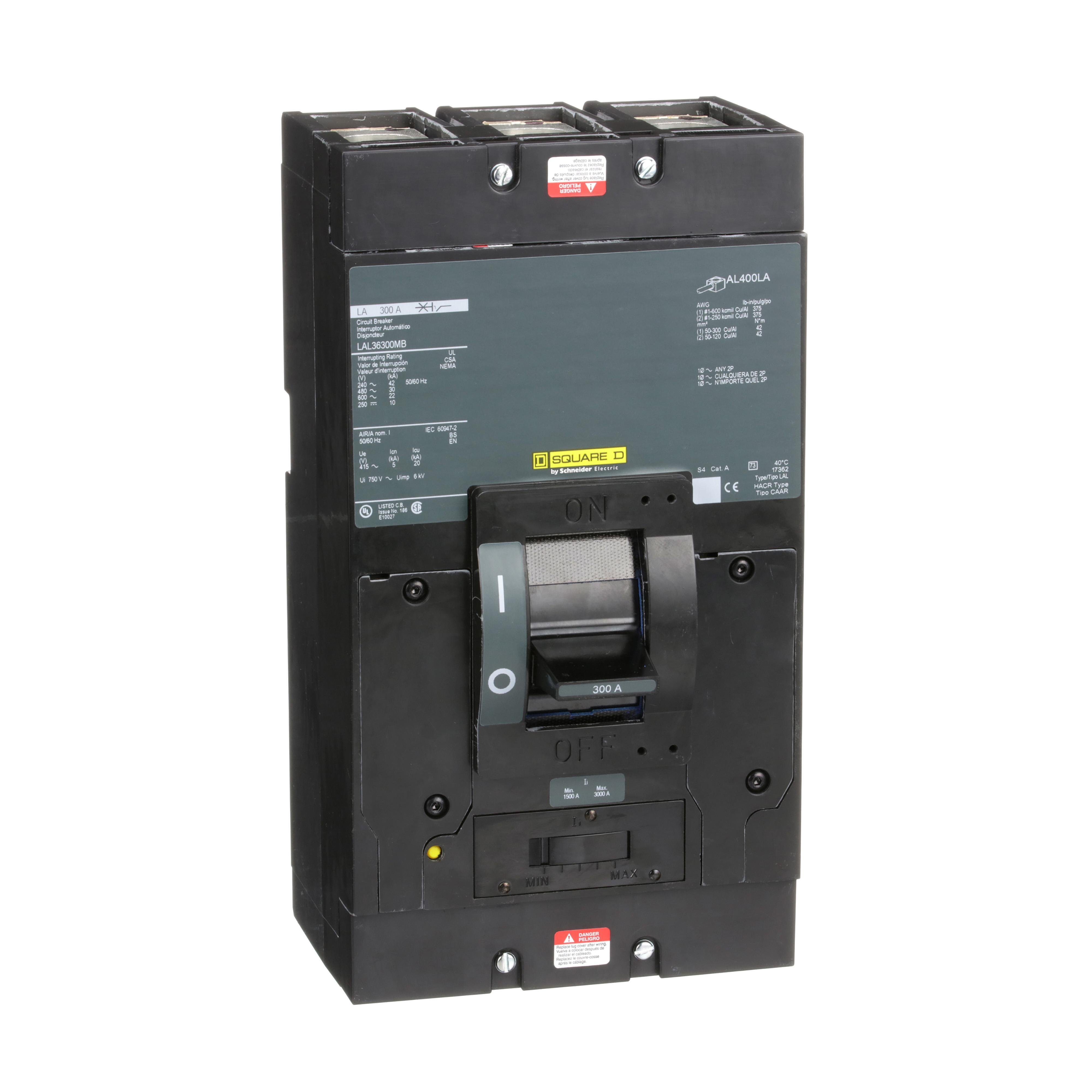 LAL36300MB - Circuit breaker, LA, 300A, 3 pole, 600VAC, 22kA, 250VDC, 10kA, lugs, thermal magnetic, short handle