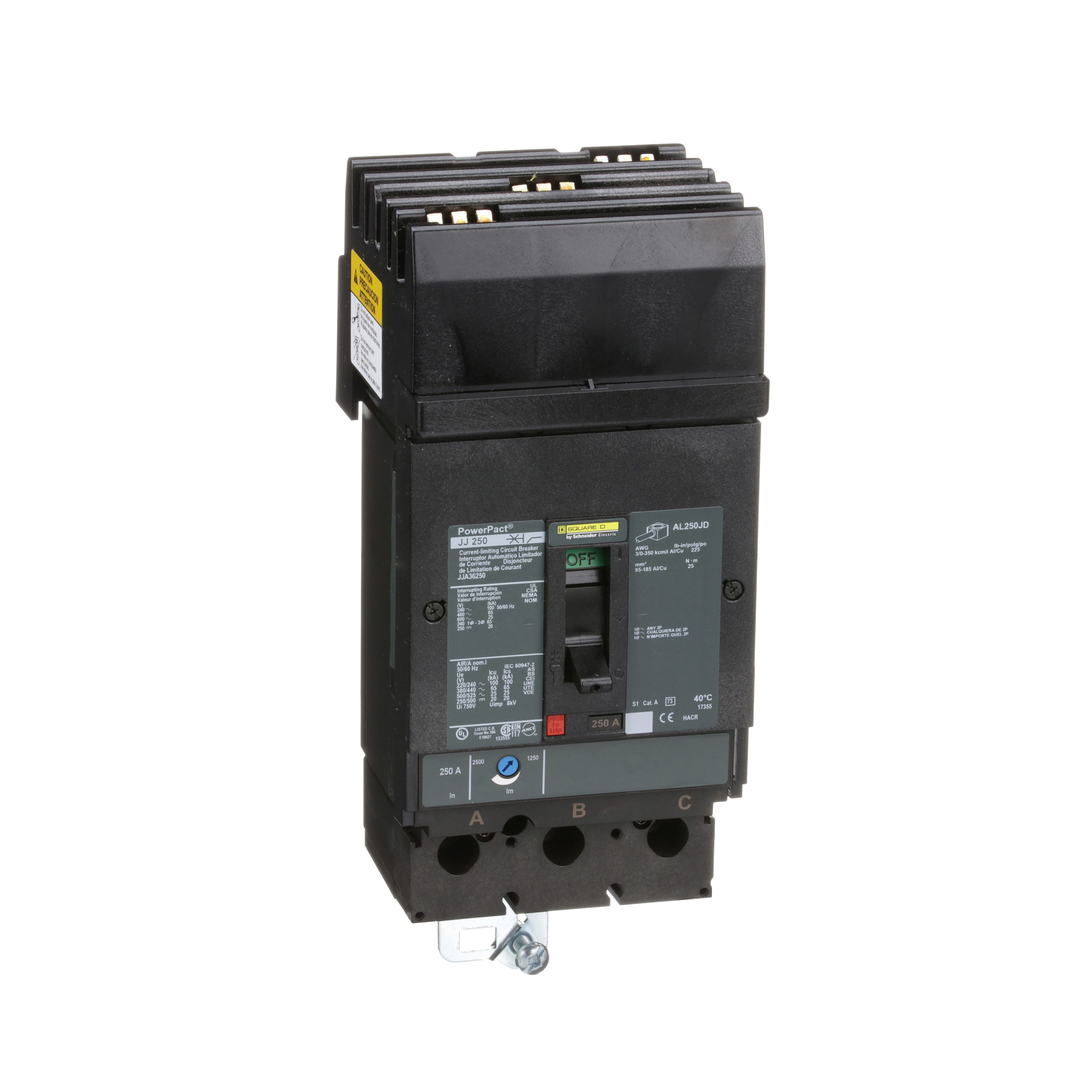 JJA36250 - Circuit breaker, PowerPacT J, 250A, 3 pole, 600VAC, 25kA, I-Line, thermal magnetic, 80%, ABC