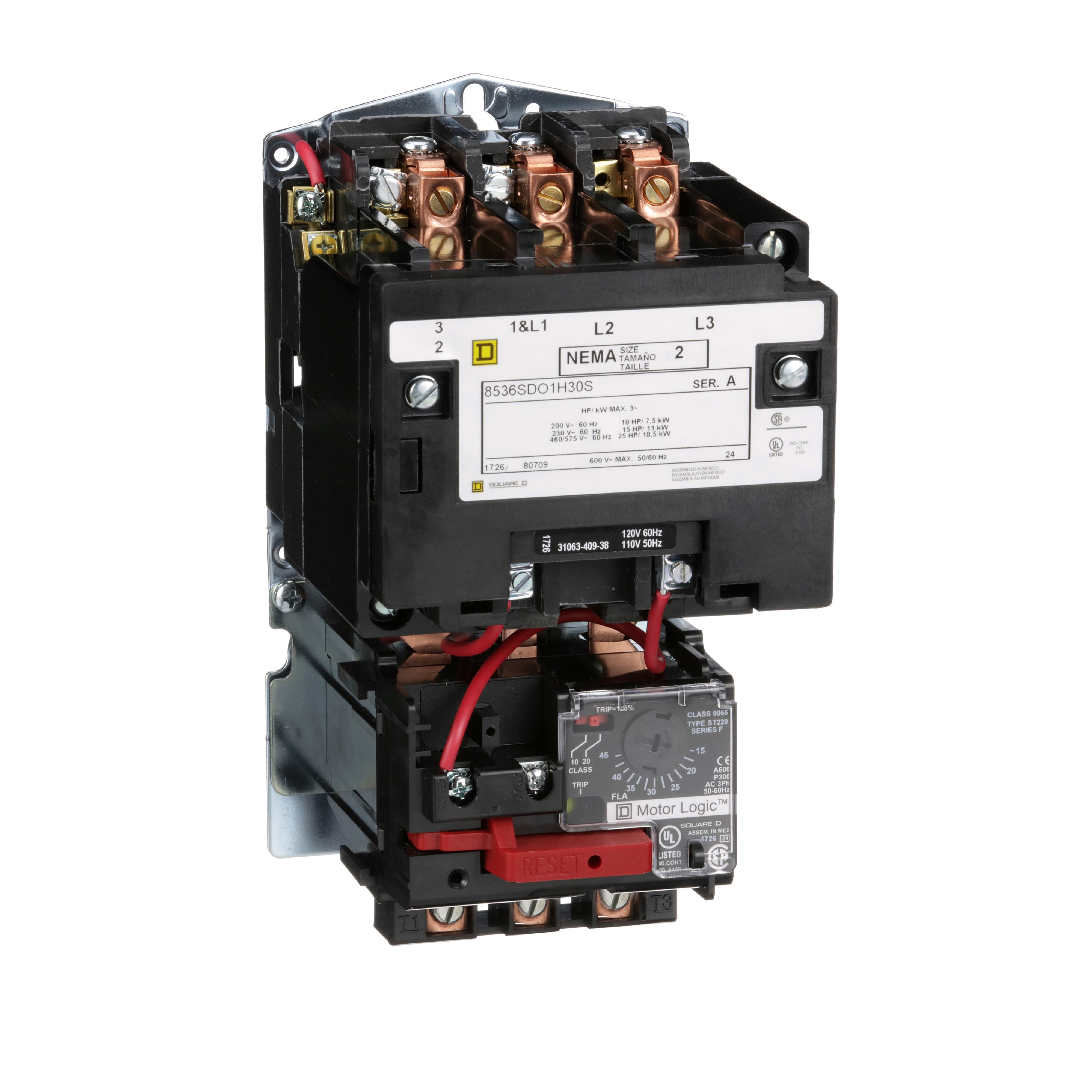 8536SDO1V06H30 - NEMA motor starter, Type S, nonreversing, Size 2, 45A, 25HP at 460VAC, up to 100kA SCCR, 3 phase, 3 pole, Motor Logic, 480VAC coil, open [TAA]