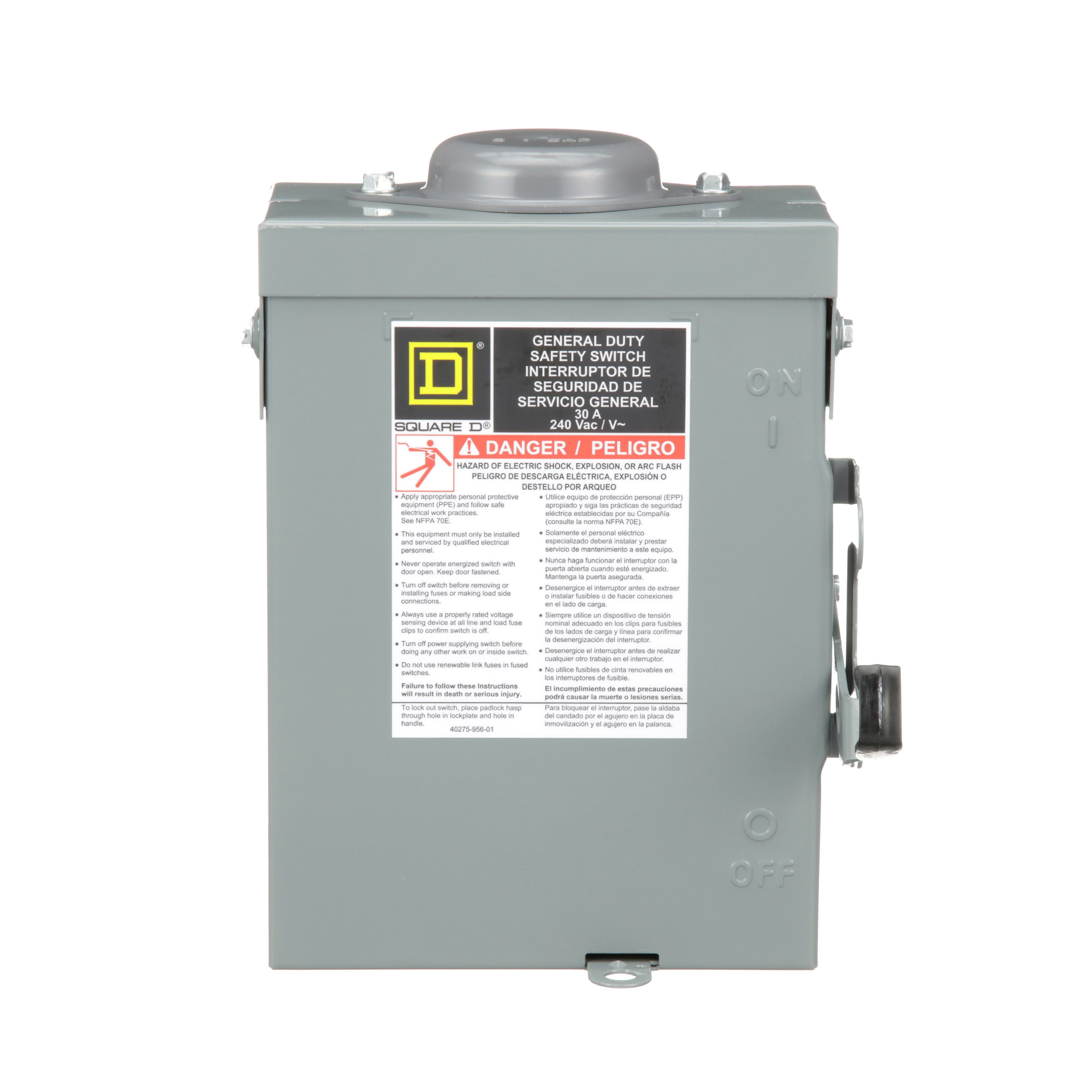 Picture of D321NRB - Safety switch, general duty, fusible, 30A, 3 pole, 7.5hp, 240VAC, NEMA 3R, bolt on provision, neutral factory installed