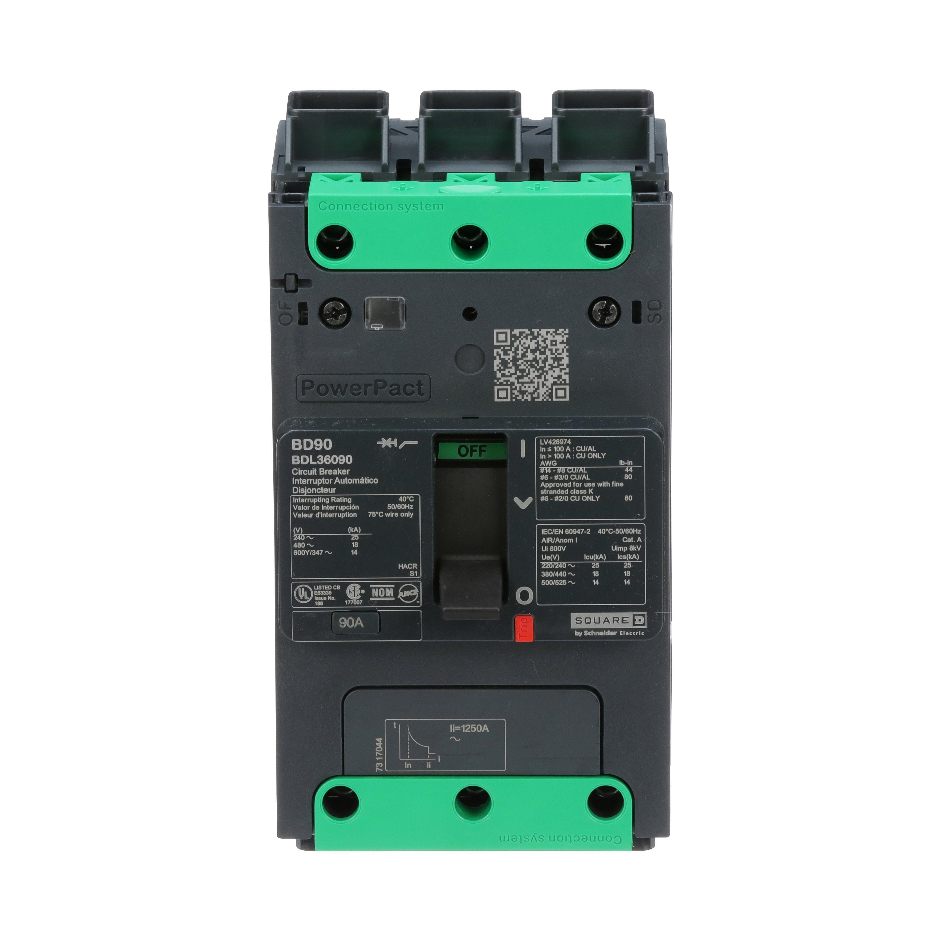 BDL36090 - Circuit breaker, PowerPacT B, 90A, 3 pole, 600Y/347VAC, 14kA, lugs, thermal magnetic, 80%