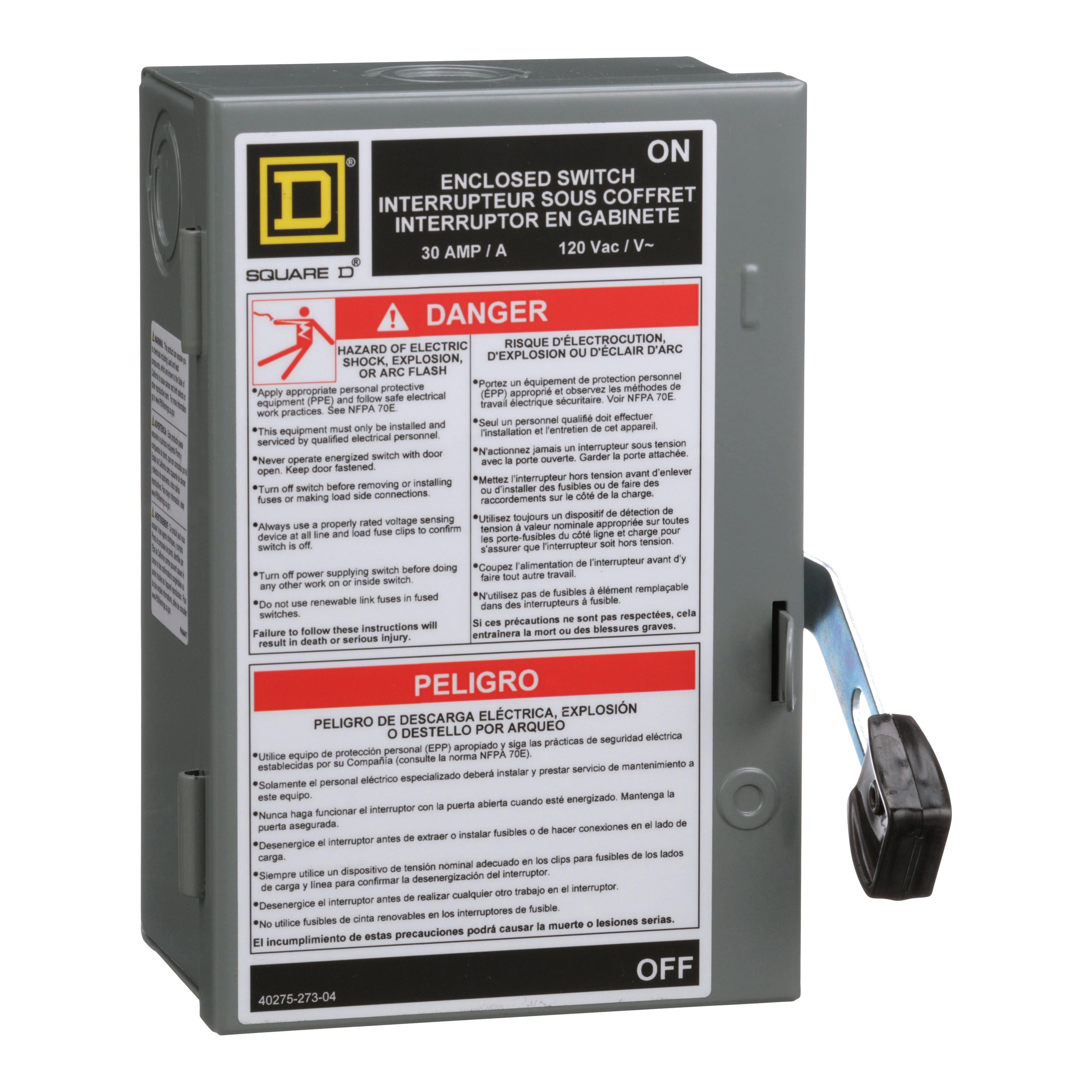 L111N - Safety switch, light duty, fusible, 1 pole, 2 wire, 120VAC, 30A, Type 1, with neutral