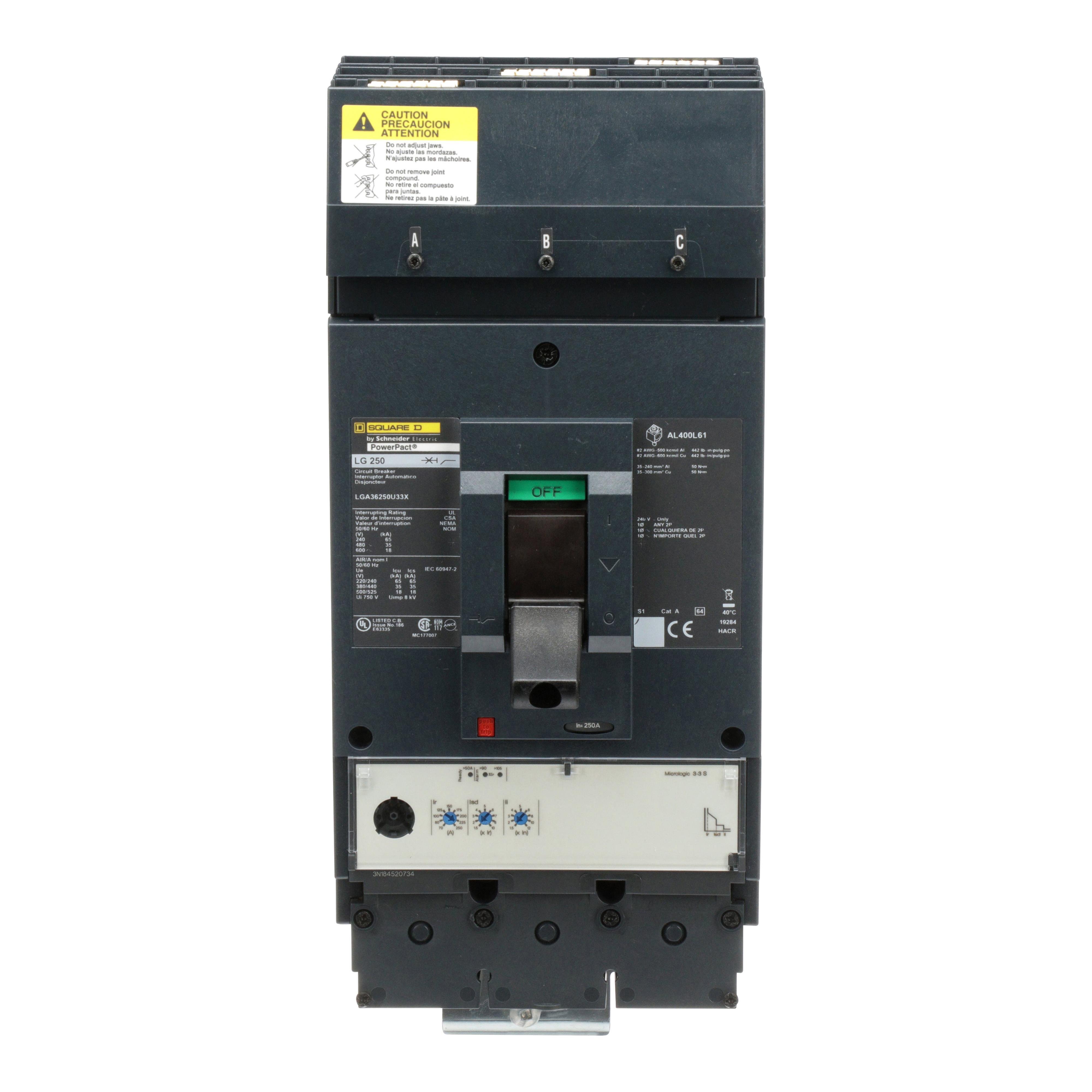 LGA36250U33X - Circuit breaker, PowerPacT L, 250A, 3 pole, 600VAC, 18kA, I-Line, MicroLogic 3.3S, 80%, ABC