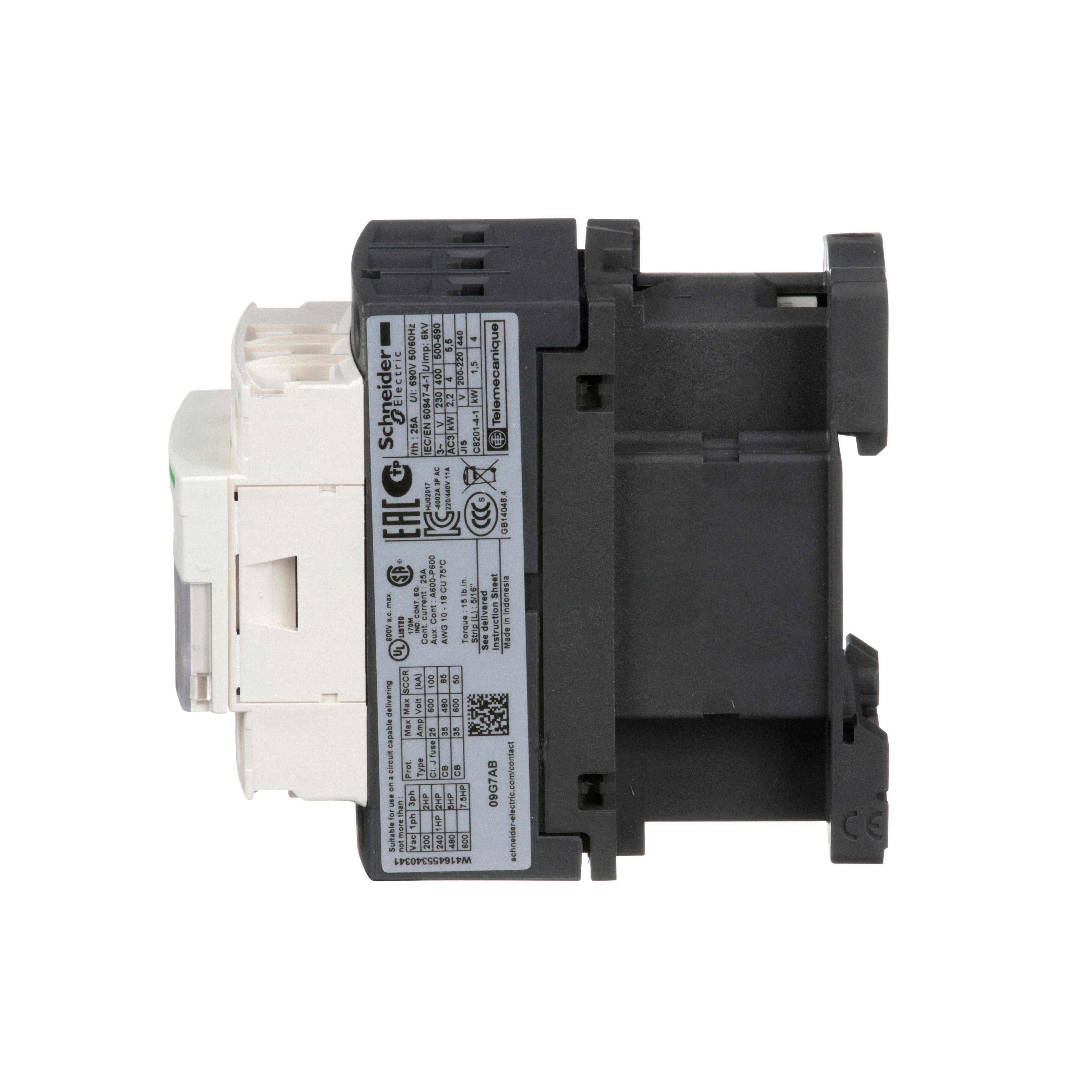 Picture of LC1D09G7 - IEC contactor, TeSys Deca, nonreversing, 9A, 5HP at 480VAC, up to 100kA SCCR, 3 phase, 3 NO, 120VAC 50/60Hz coil, open style