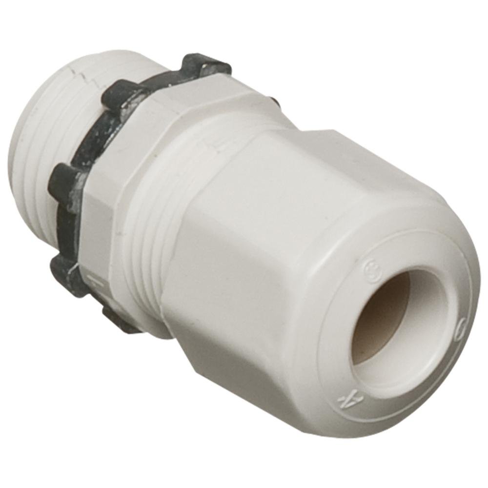 LPCG507W - Low-profile non-metallic, liquid-tight, oil-tight, and gray strain relief cord connector furnished with a sealing ring and locknut. Supports .385 to .600 cord range with a 1/2 inch trade size. Color White.