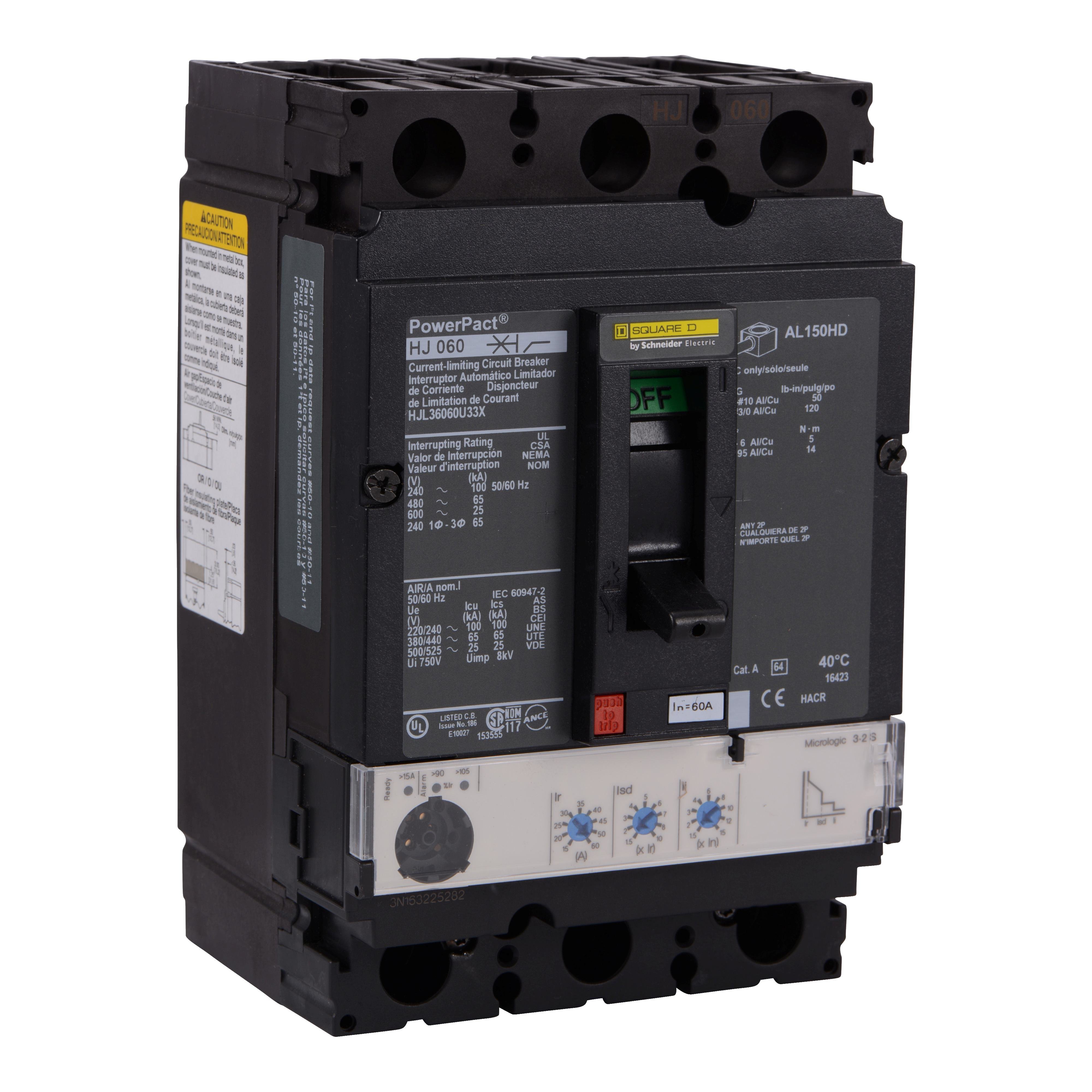 HJL36060U33X - Circuit breaker, PowerPacT H, 60A, 3 pole, 600VAC, 25kA, lugs, Micrologic 3.2S, 80%