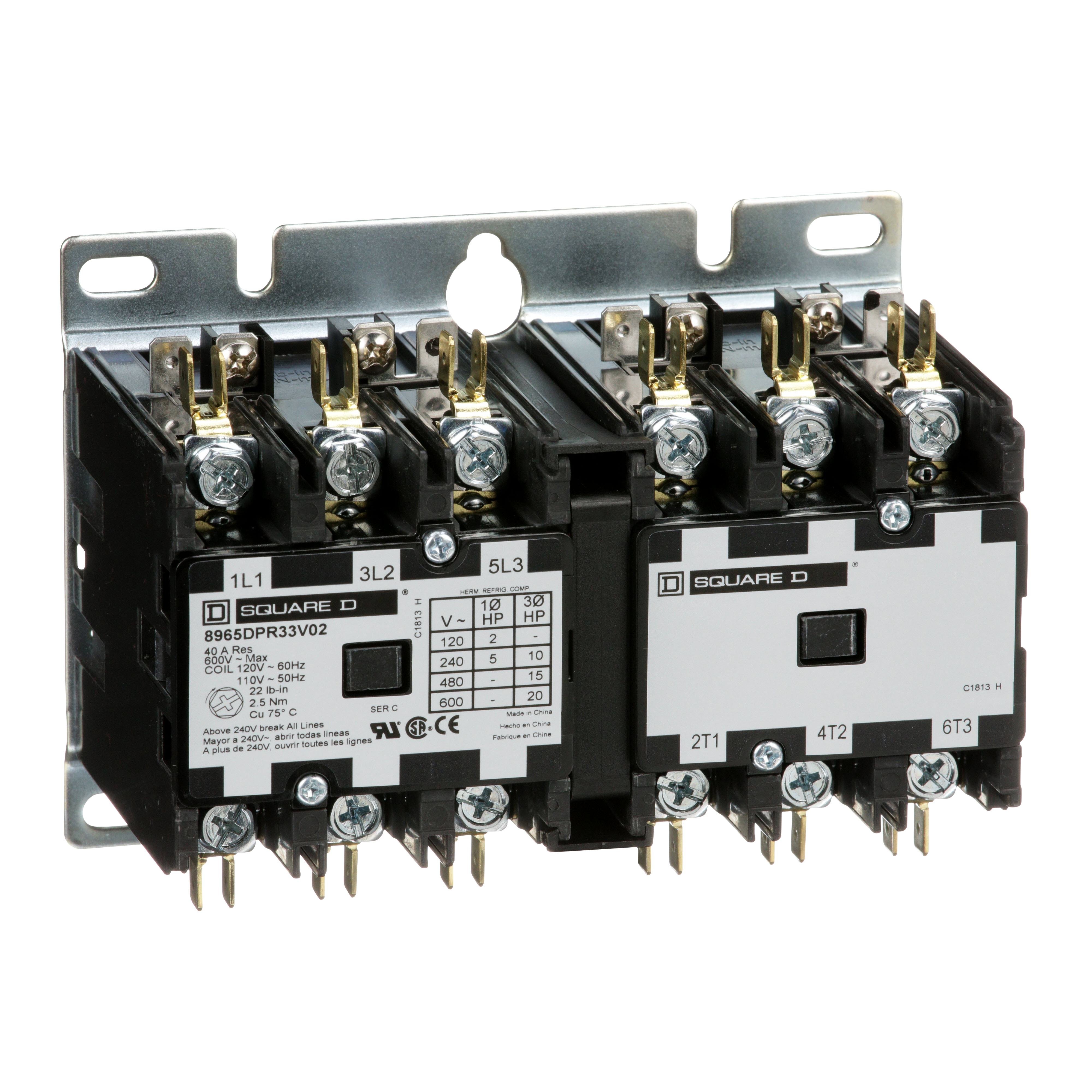 8965DPR33V02 - Reversing Hoist Contactor, 30A, 3 pole, 110/120VAC 50/60Hz coil, open style