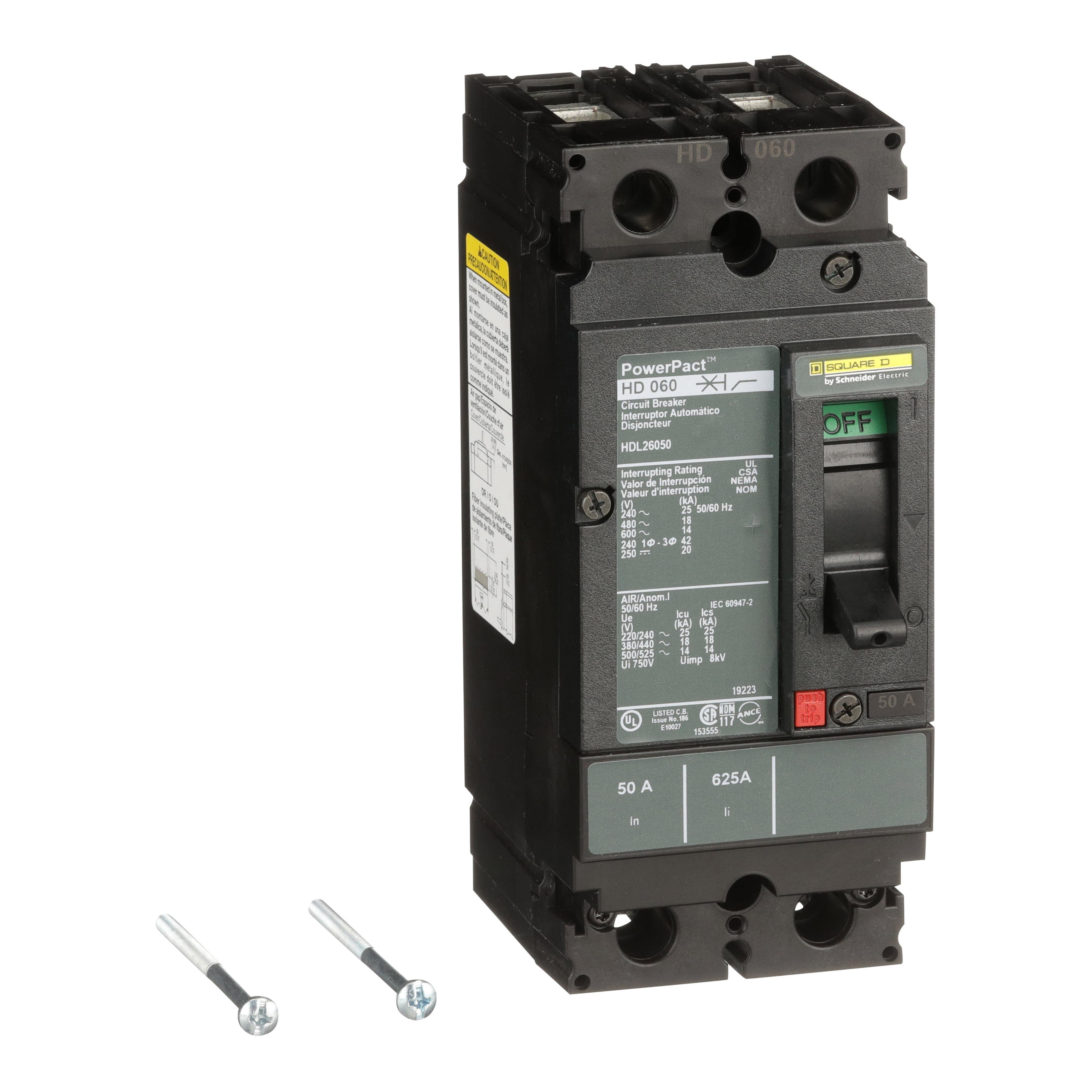 HDL26050 - Circuit breaker, PowerPacT H, 50A, 2 pole, 600VAC, 14kA, lugs, thermal magnetic, 80%