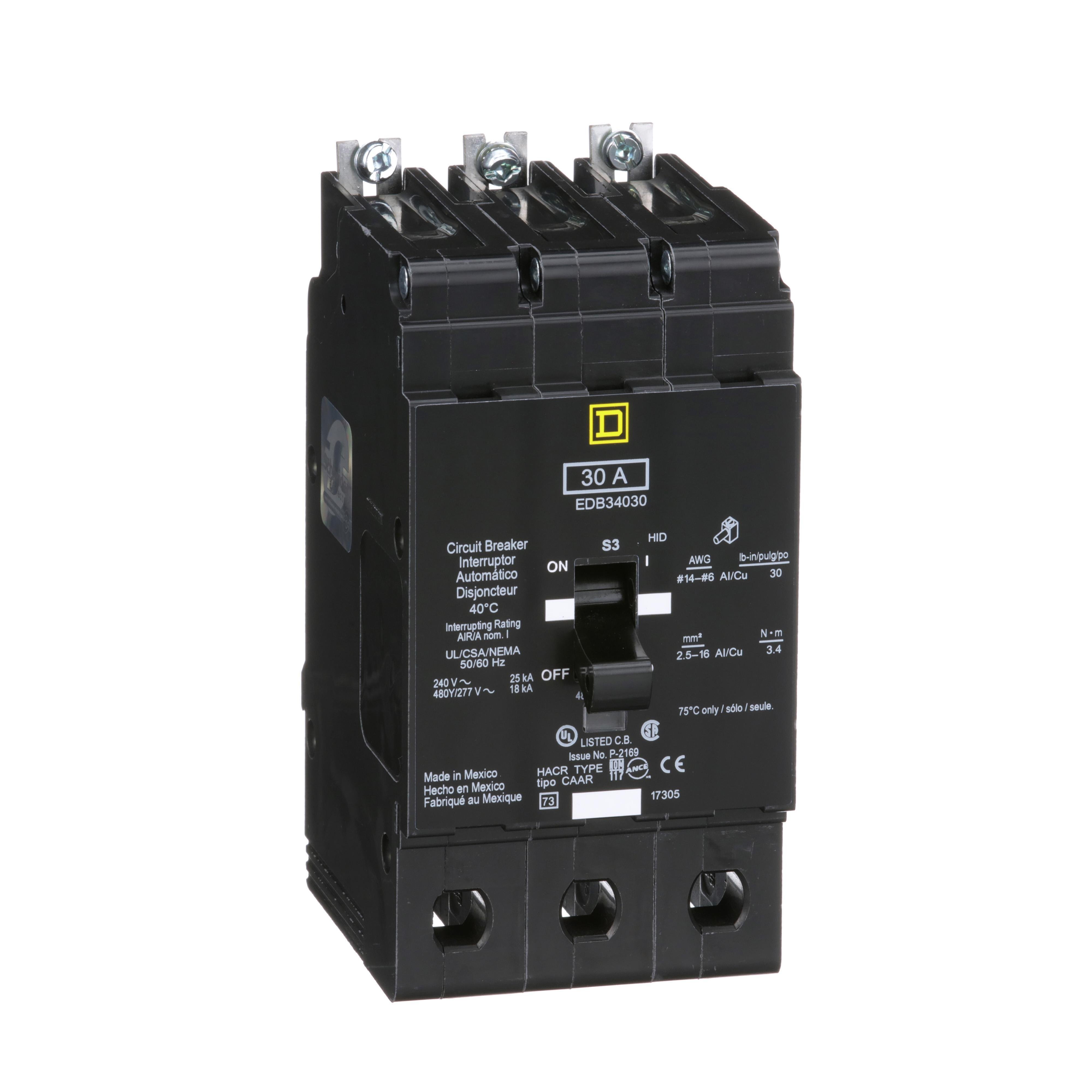 EDB34030 - [TAA] Mini circuit breaker, E-Frame, 30A, 3 pole, 480Y/277VAC, 25kA max, bolt on