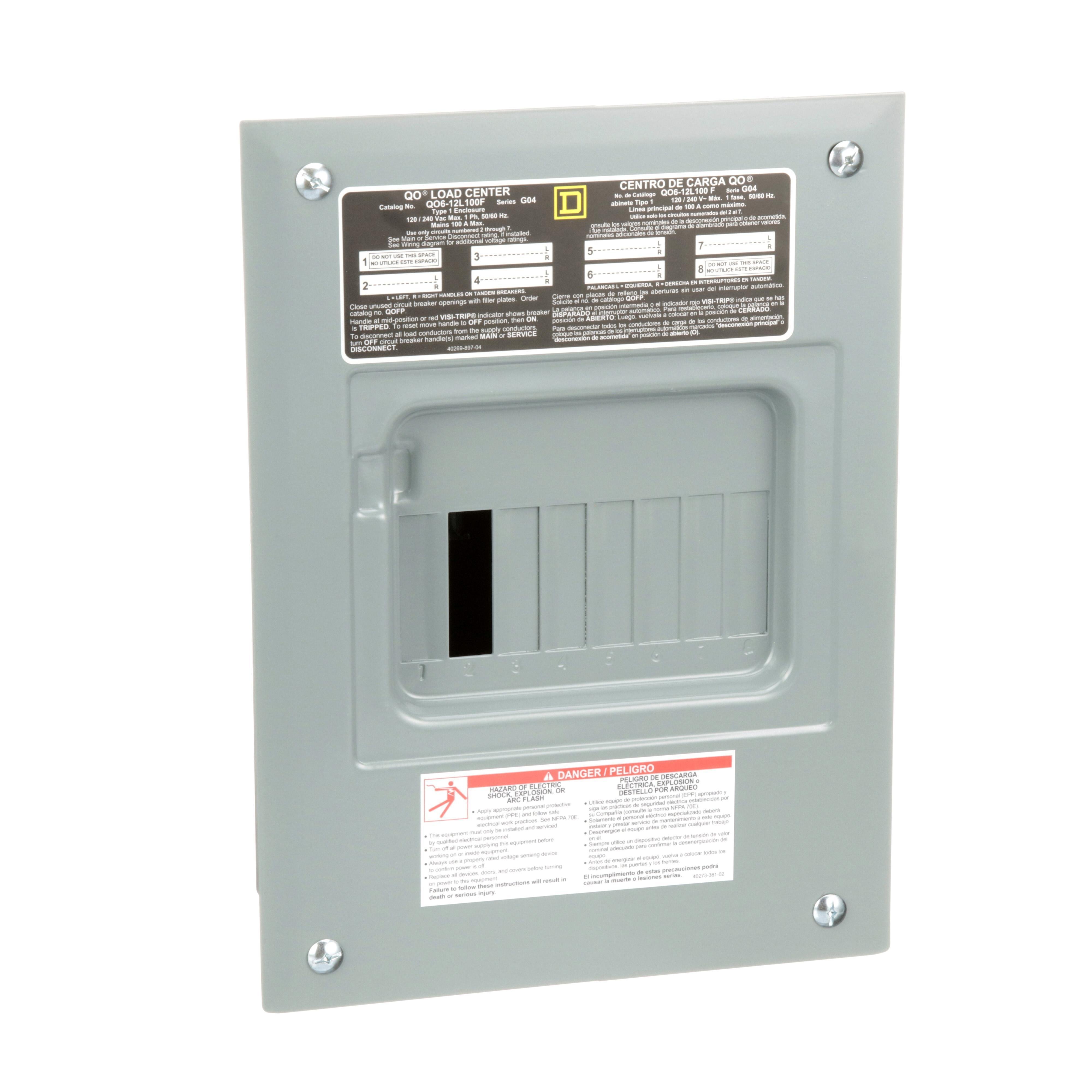Picture of QO612L100F - Load center, QO, 1 phase, 6 spaces, 12 circuits, 100A fixed main lugs, NEMA1, flush cover